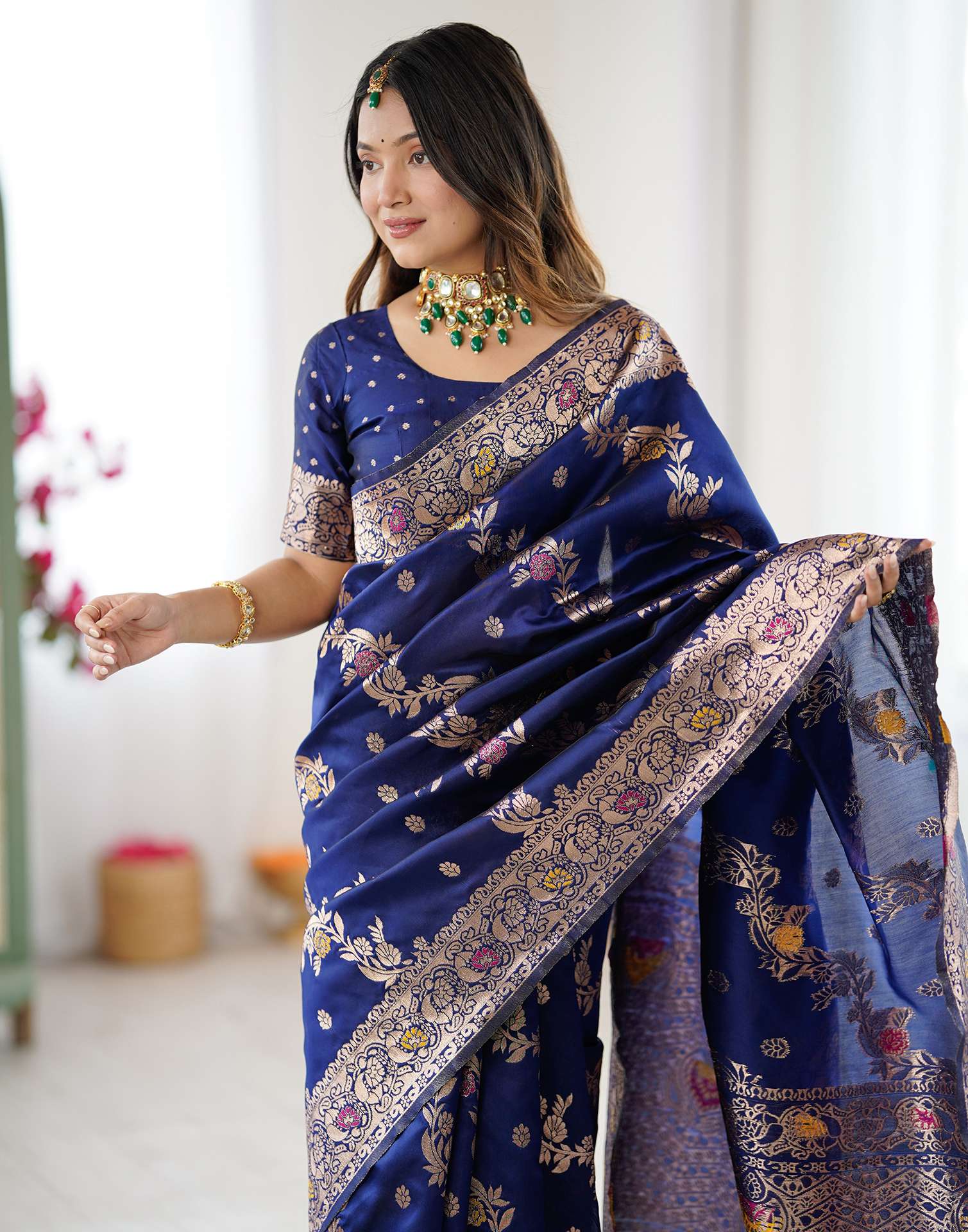 Navy Blue Silk Woven Banarasi Saree