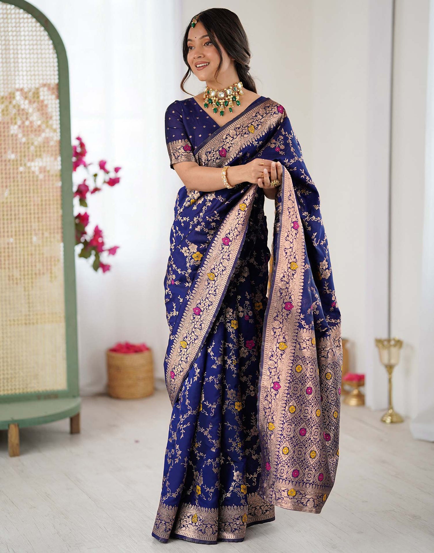 Navy Blue Silk Woven Banarasi Saree