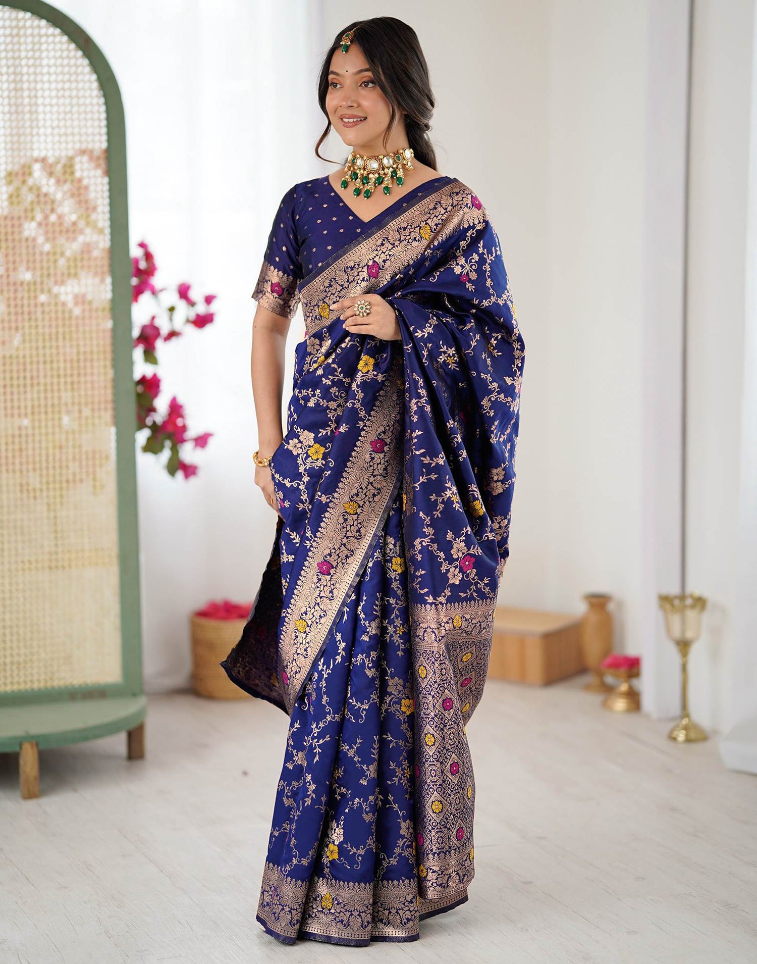 Navy Blue Silk Woven Banarasi Saree