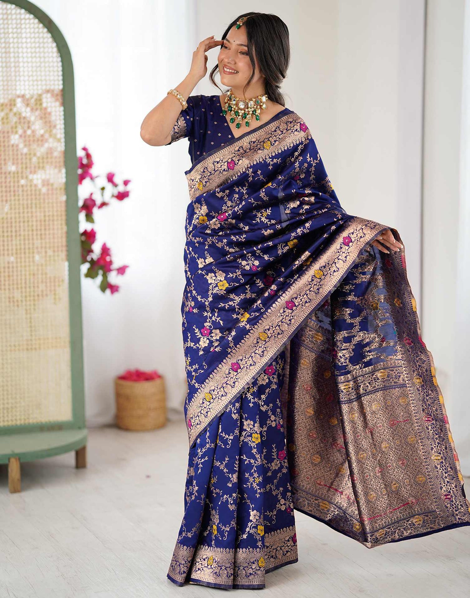 Navy Blue Silk Woven Banarasi Saree