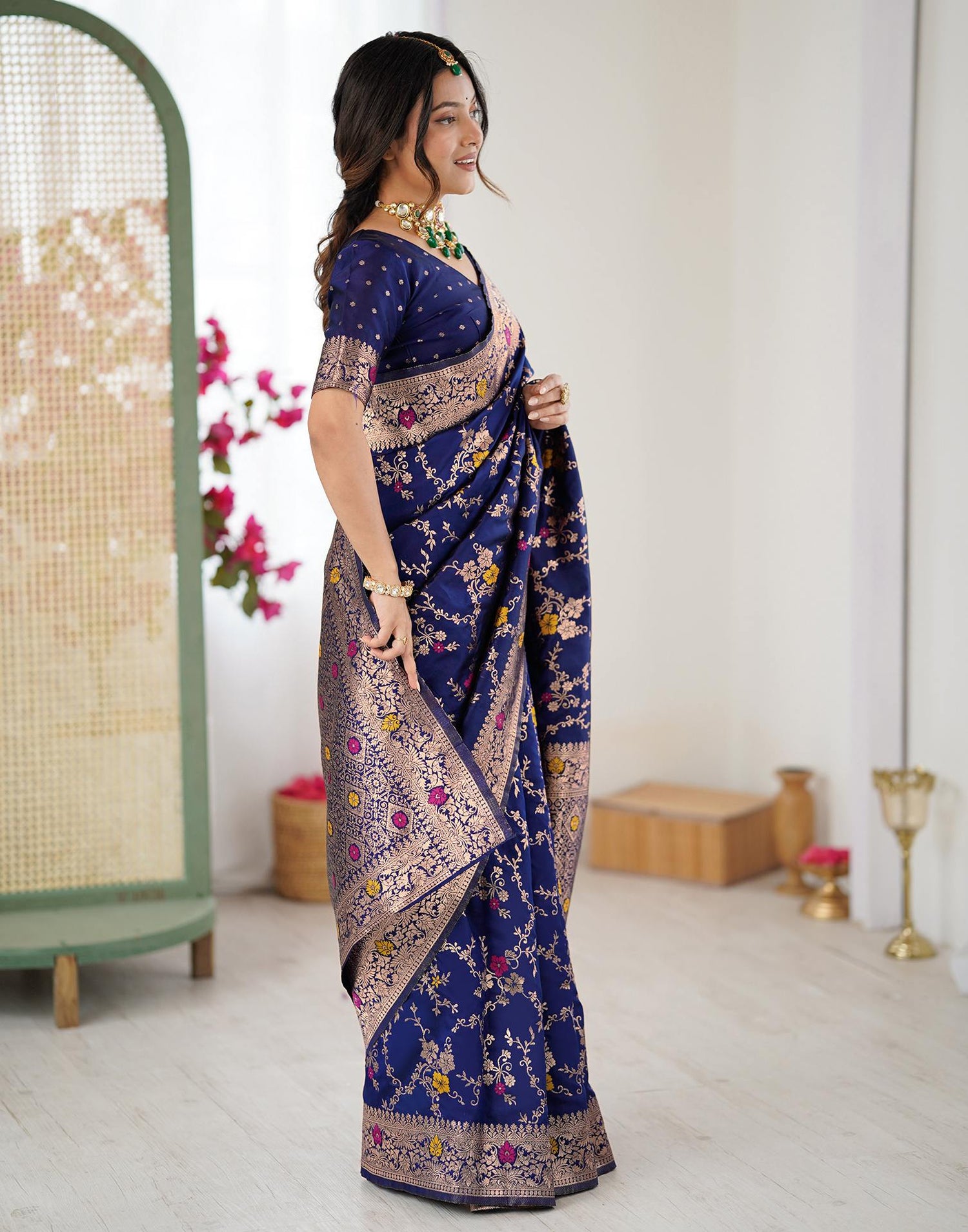 Navy Blue Silk Woven Banarasi Saree