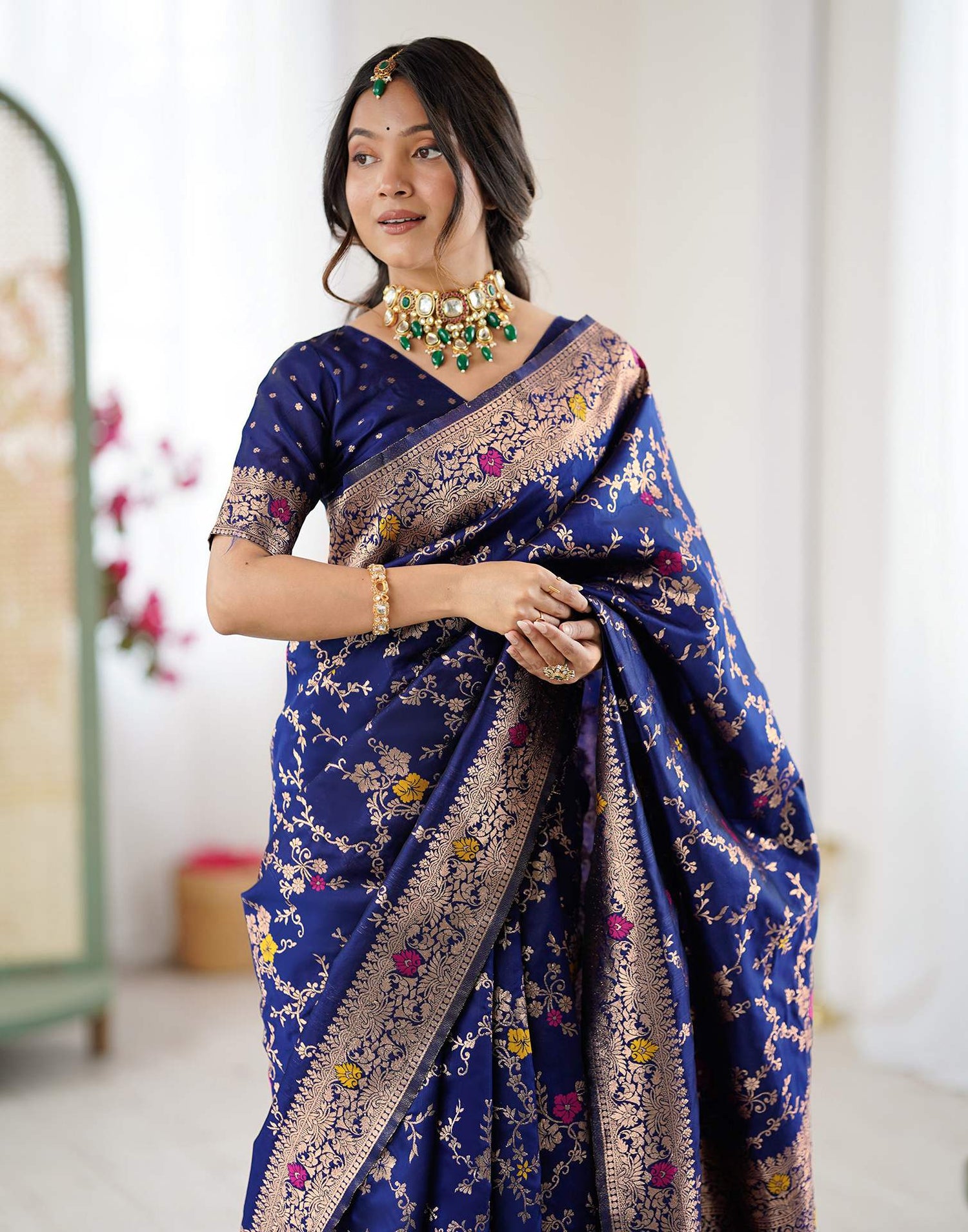 Navy Blue Silk Woven Banarasi Saree