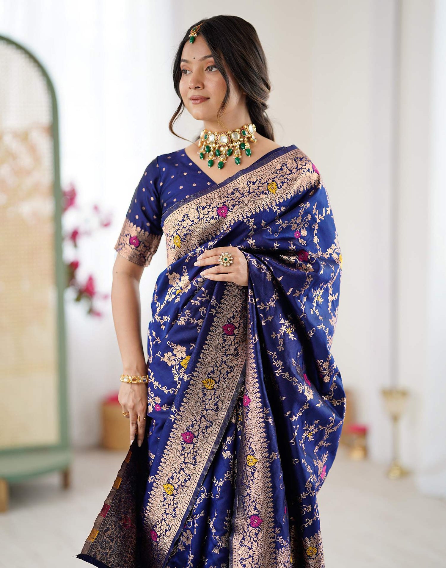 Navy Blue Silk Woven Banarasi Saree