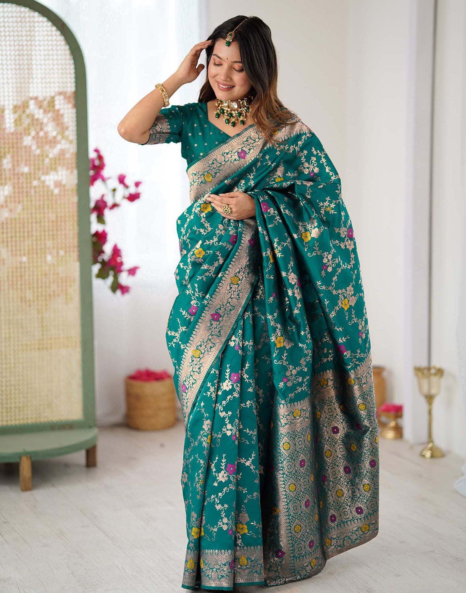 Teal Green Silk Woven Banarasi Saree