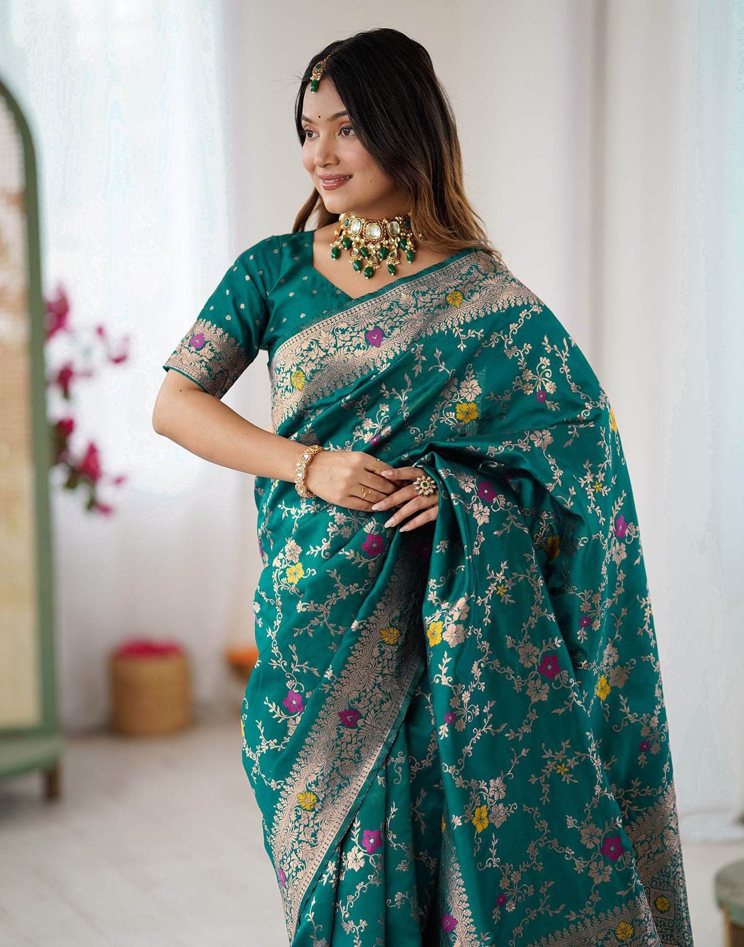 Teal Green Silk Woven Banarasi Saree
