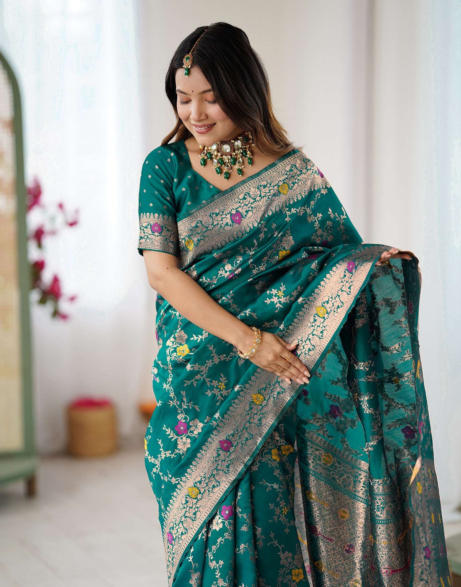 Teal Green Silk Woven Banarasi Saree