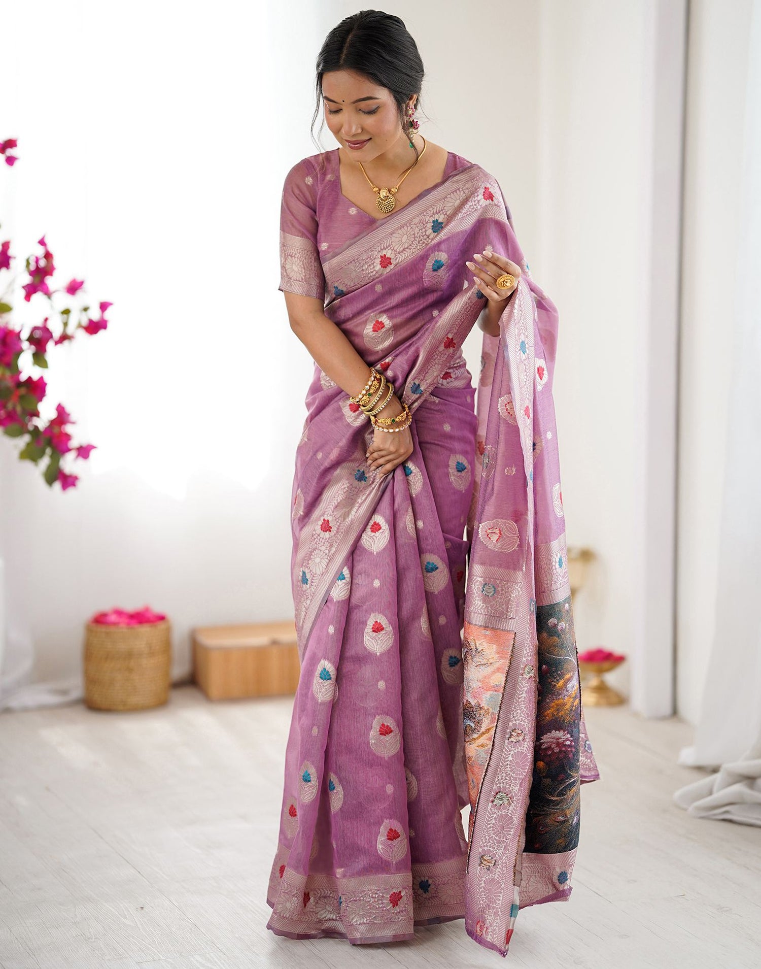 Dusty Mauve Chanderi Cotton Woven Saree