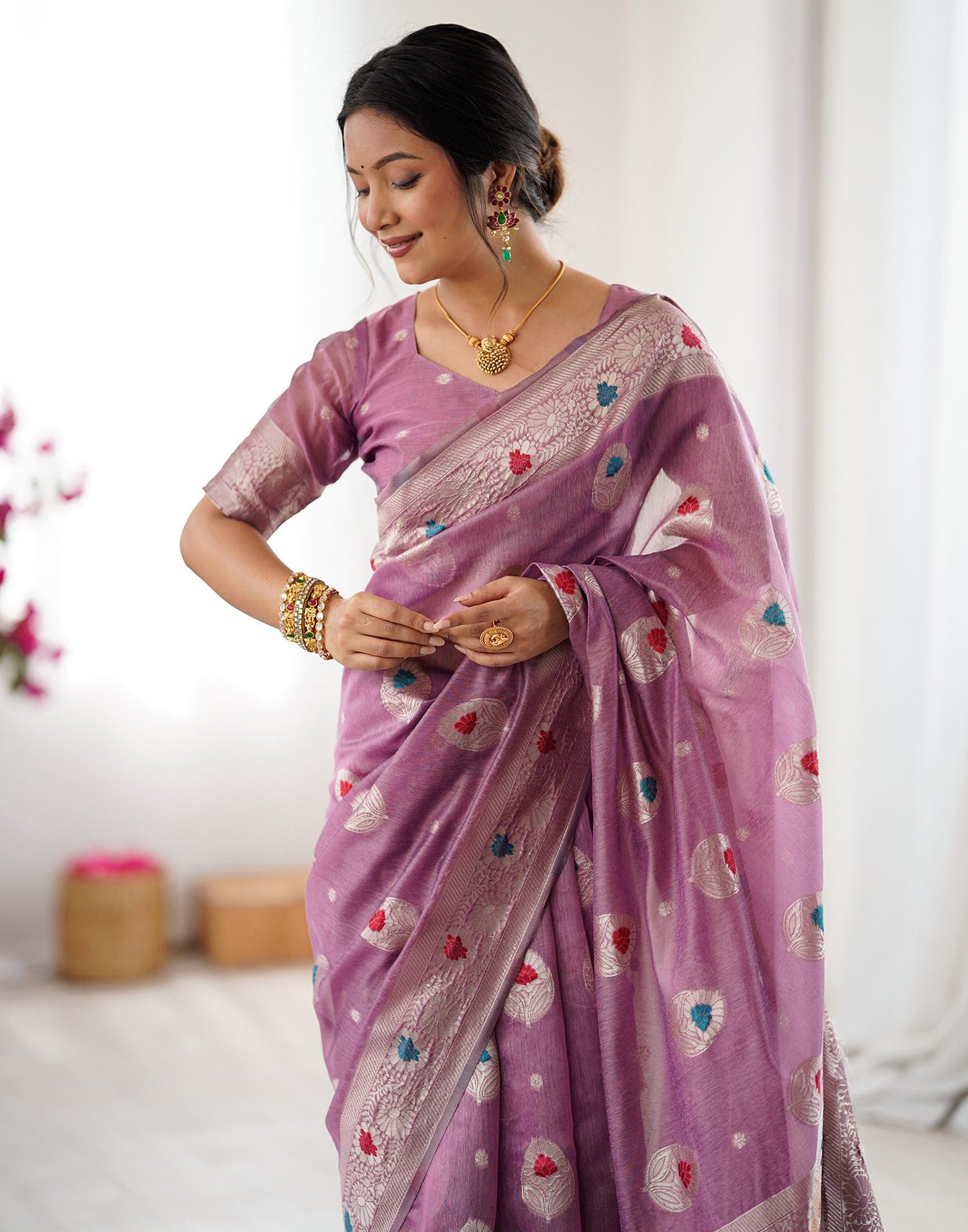 Dusty Mauve Chanderi Cotton Woven Saree