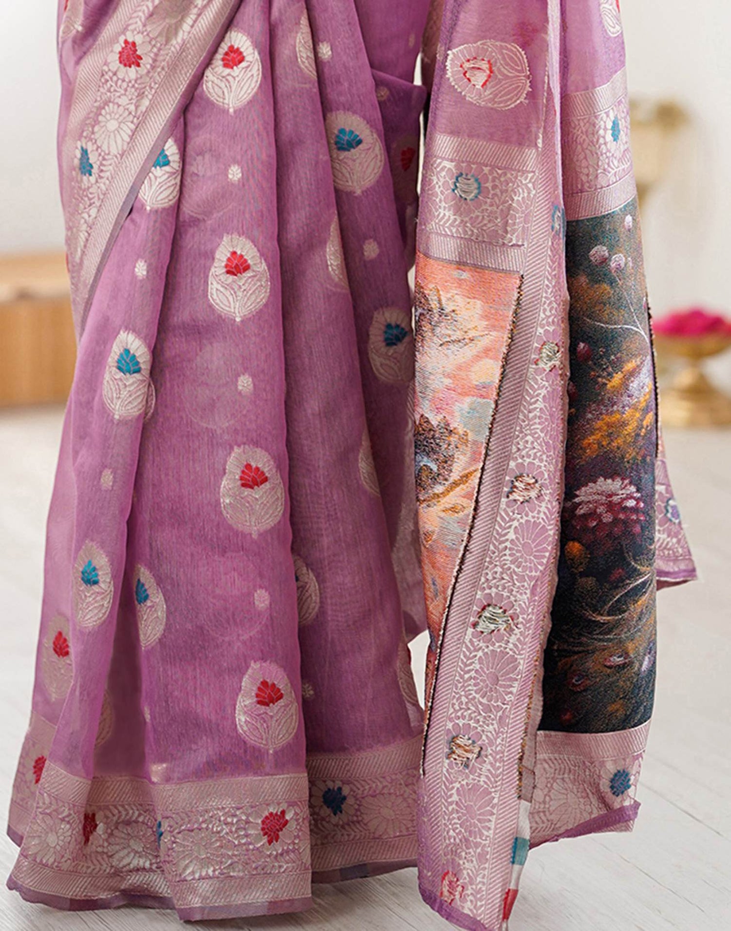 Dusty Mauve Chanderi Cotton Woven Saree