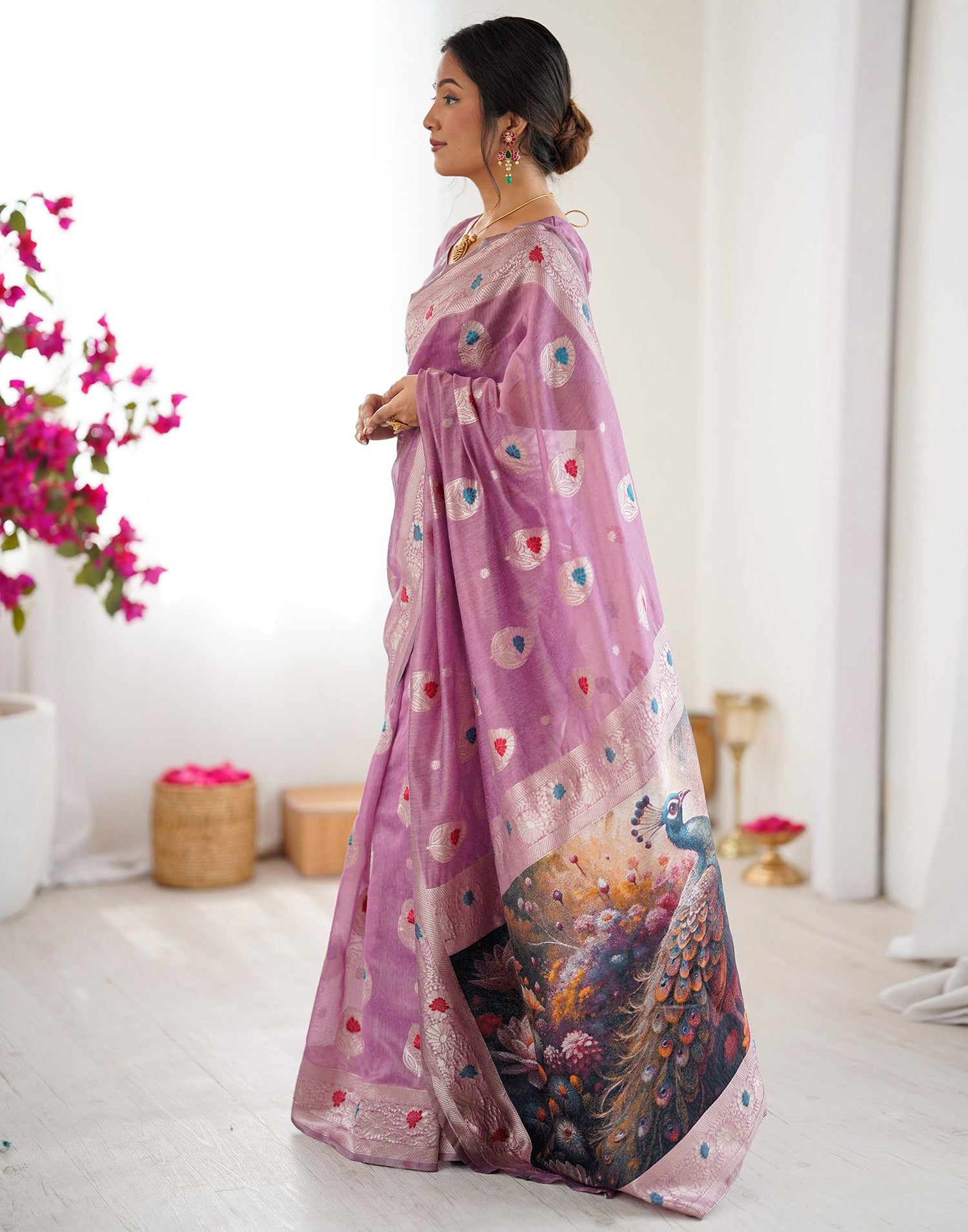 Dusty Mauve Chanderi Cotton Woven Saree