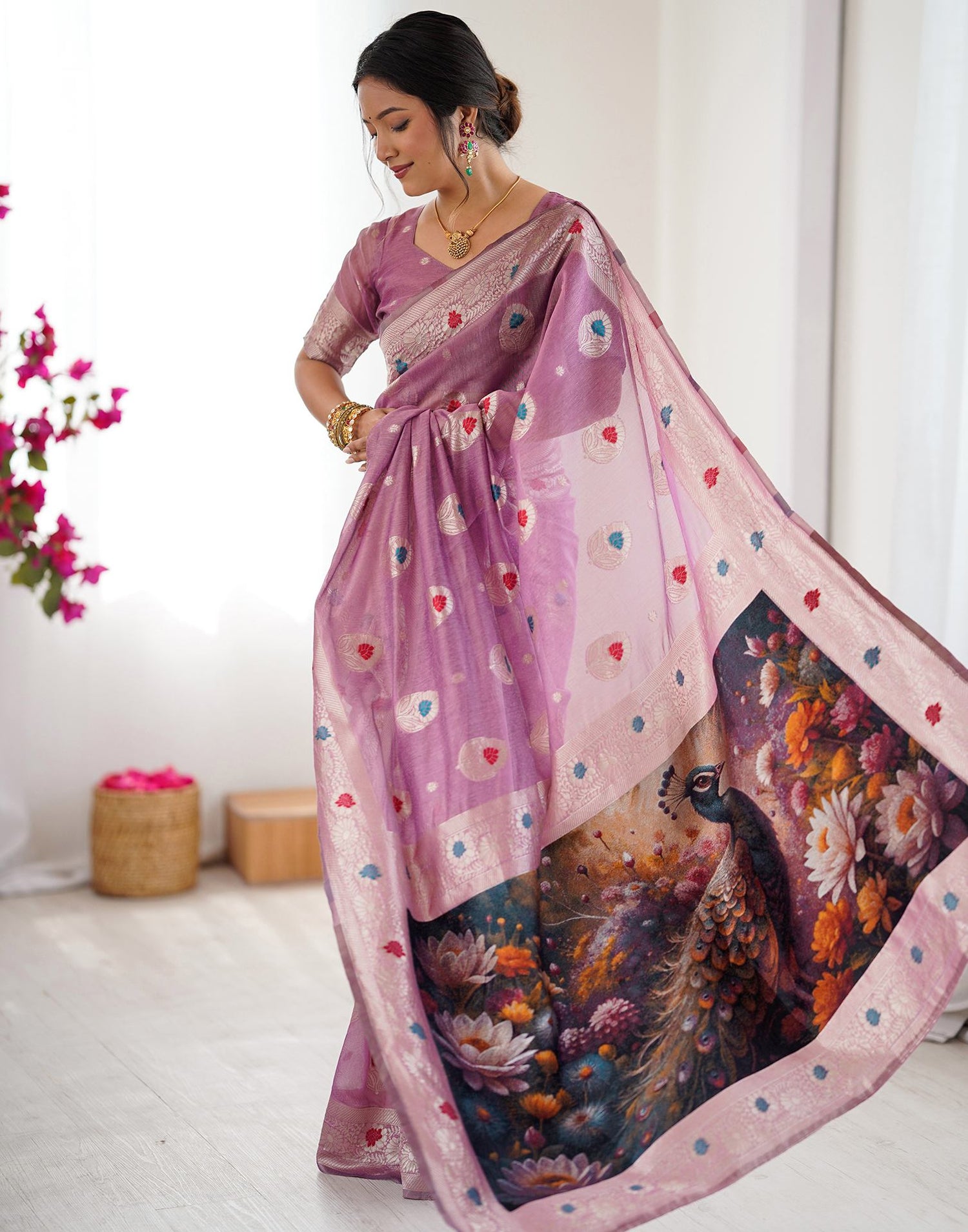 Dusty Mauve Chanderi Cotton Woven Saree