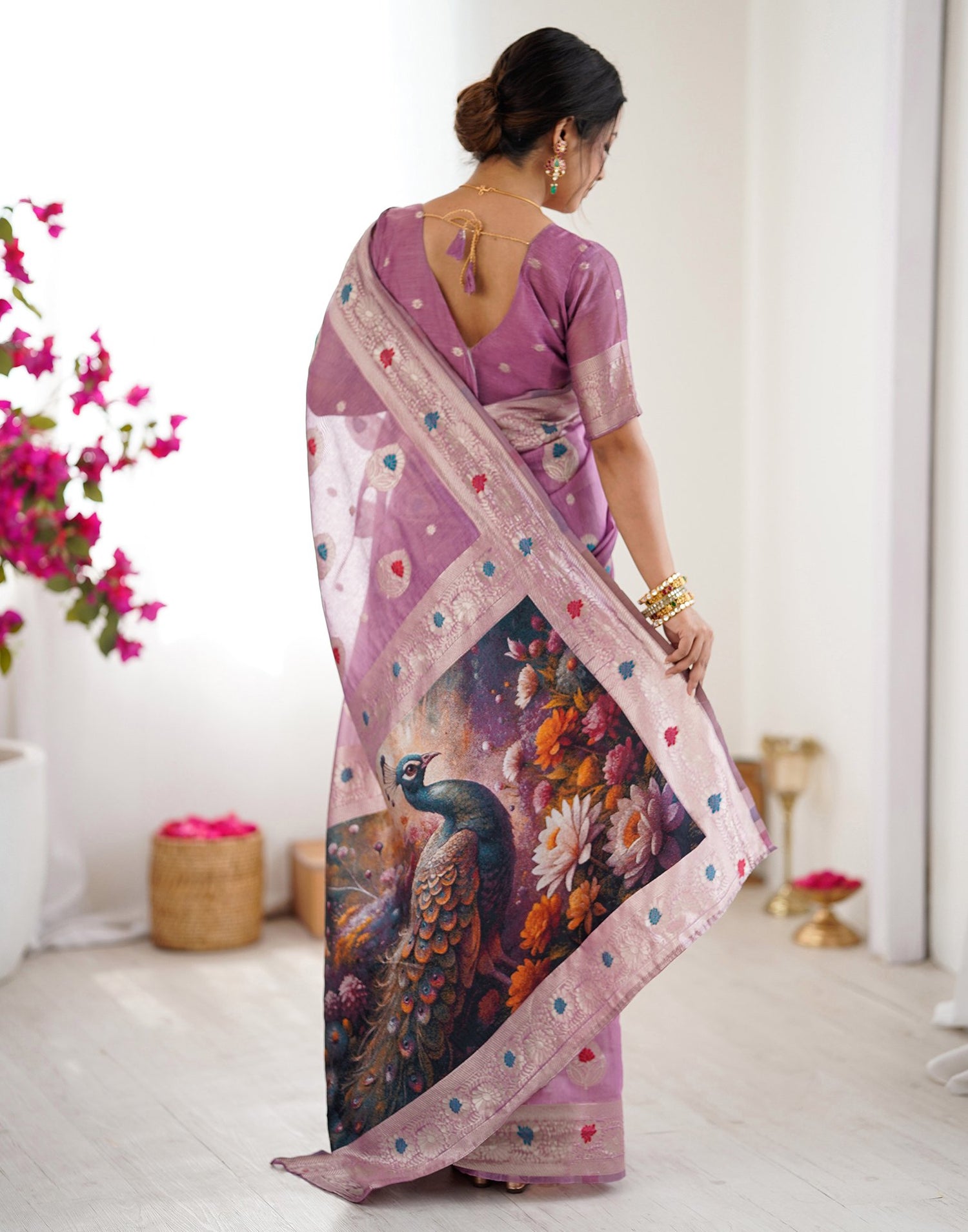Dusty Mauve Chanderi Cotton Woven Saree