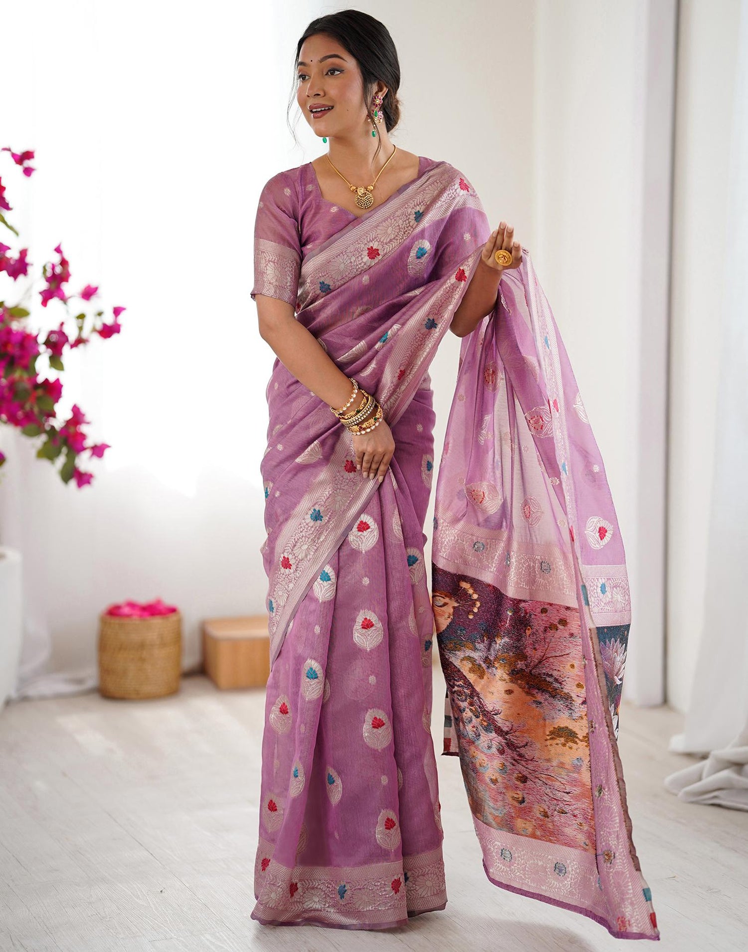 Dusty Mauve Chanderi Cotton Woven Saree