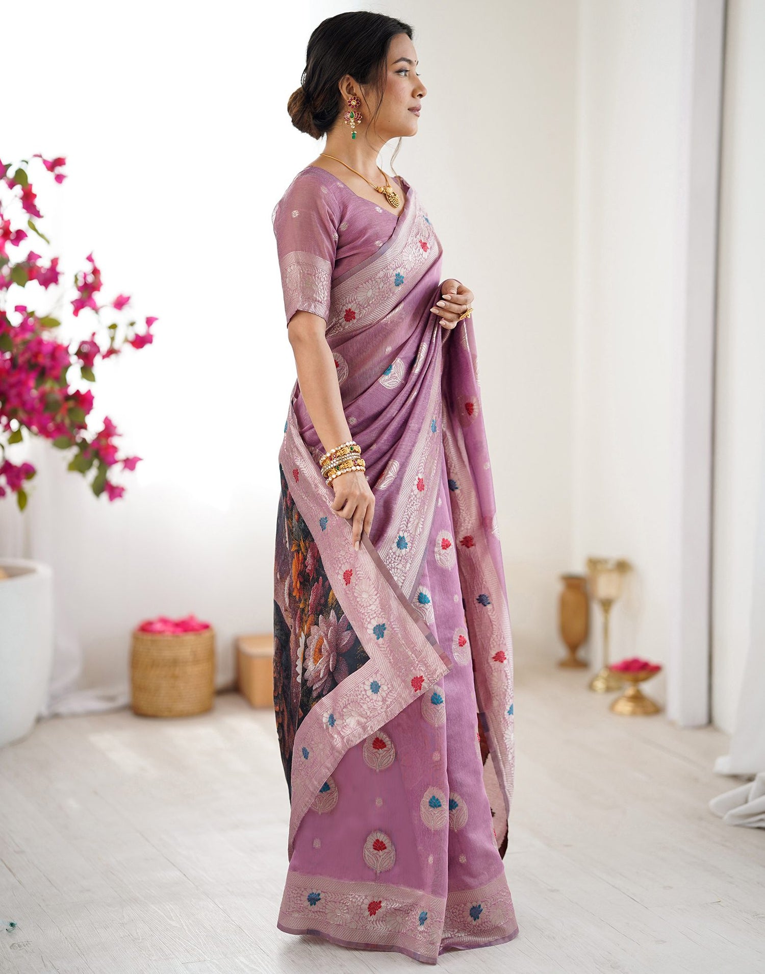 Dusty Mauve Chanderi Cotton Woven Saree