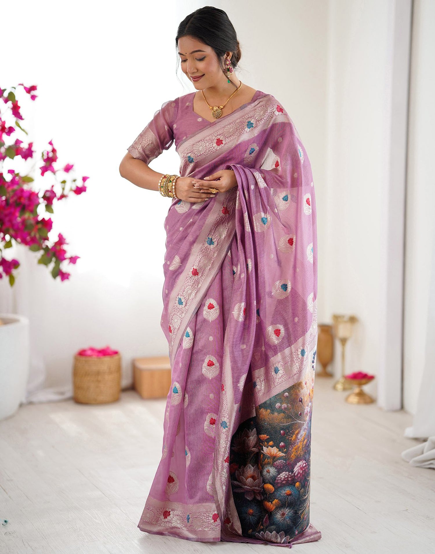 Dusty Mauve Chanderi Cotton Woven Saree