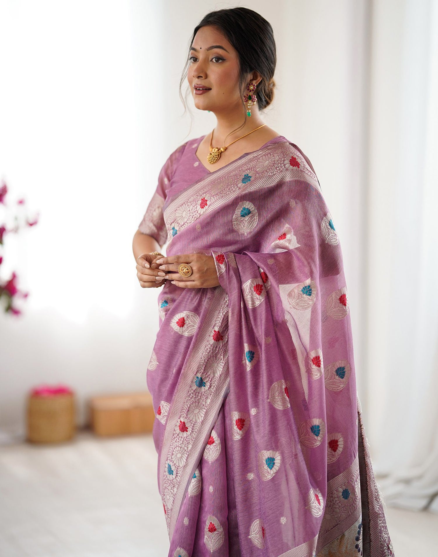 Dusty Mauve Chanderi Cotton Woven Saree