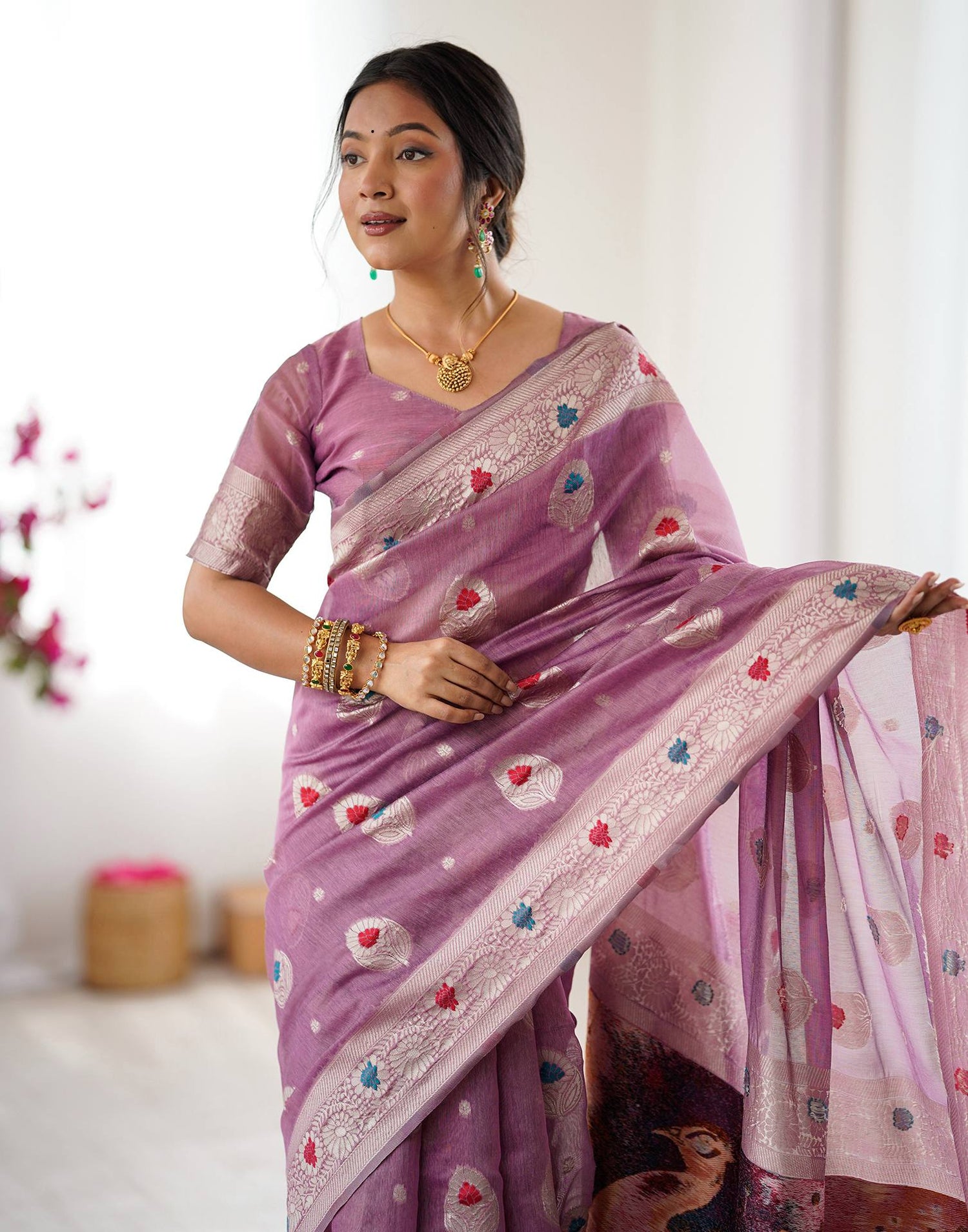 Dusty Mauve Chanderi Cotton Woven Saree