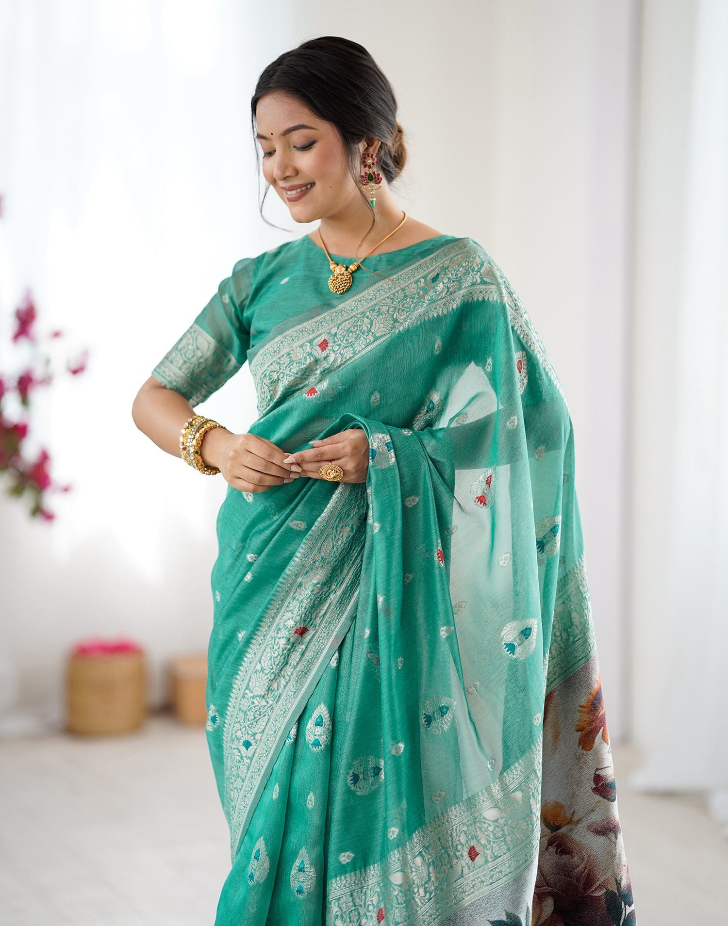 Light Teal Green Chanderi Cotton Woven Saree