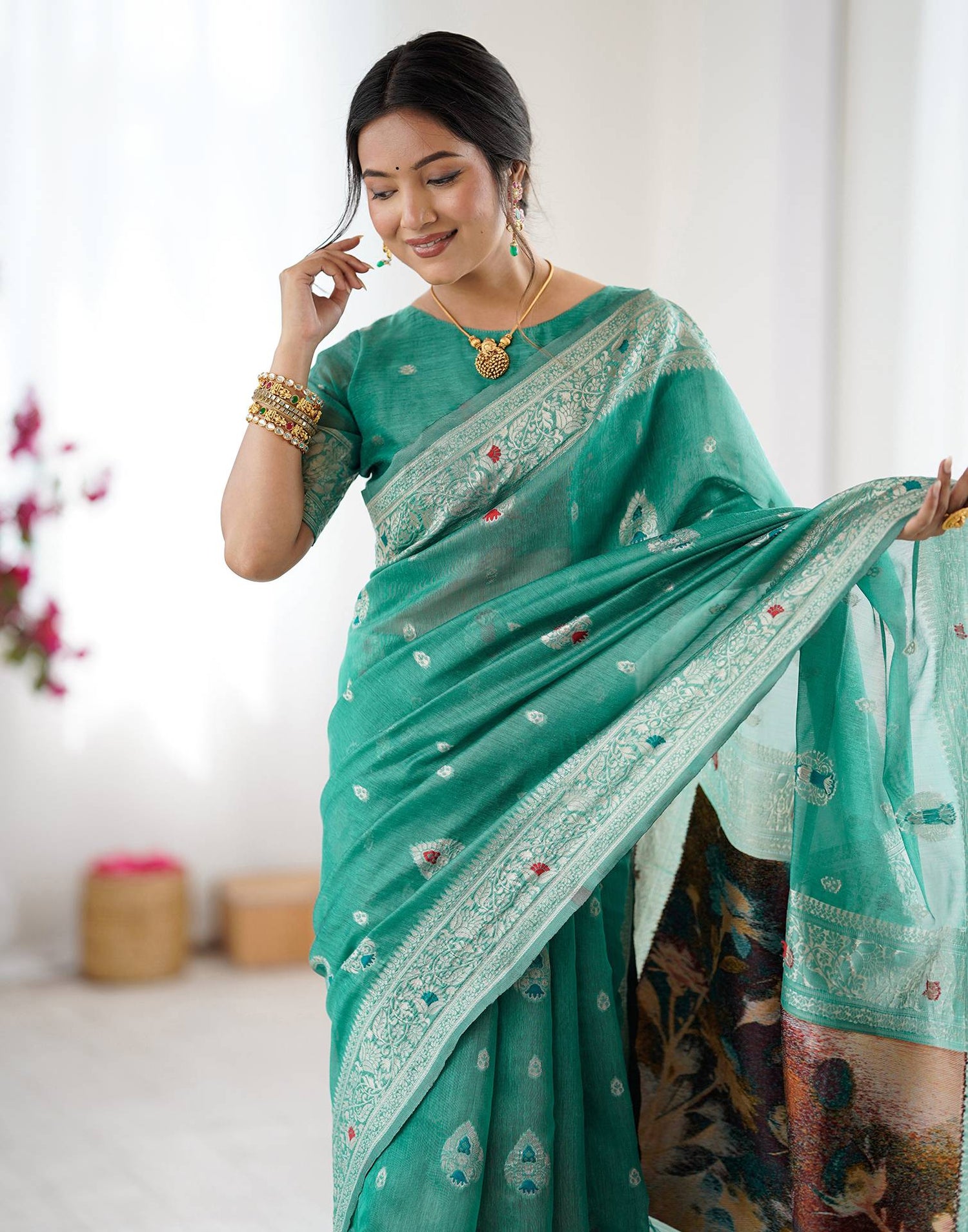 Light Teal Green Chanderi Cotton Woven Saree