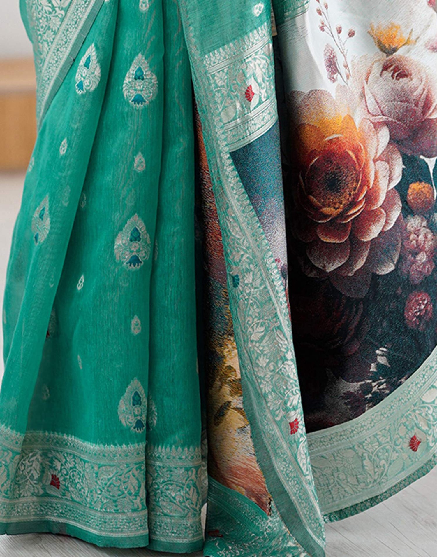 Light Teal Green Chanderi Cotton Woven Saree