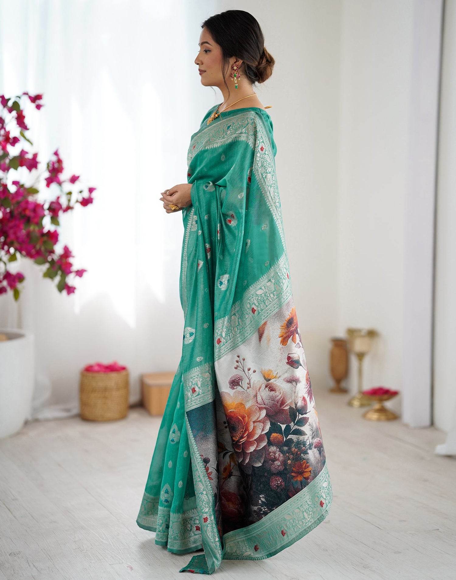 Light Teal Green Chanderi Cotton Woven Saree