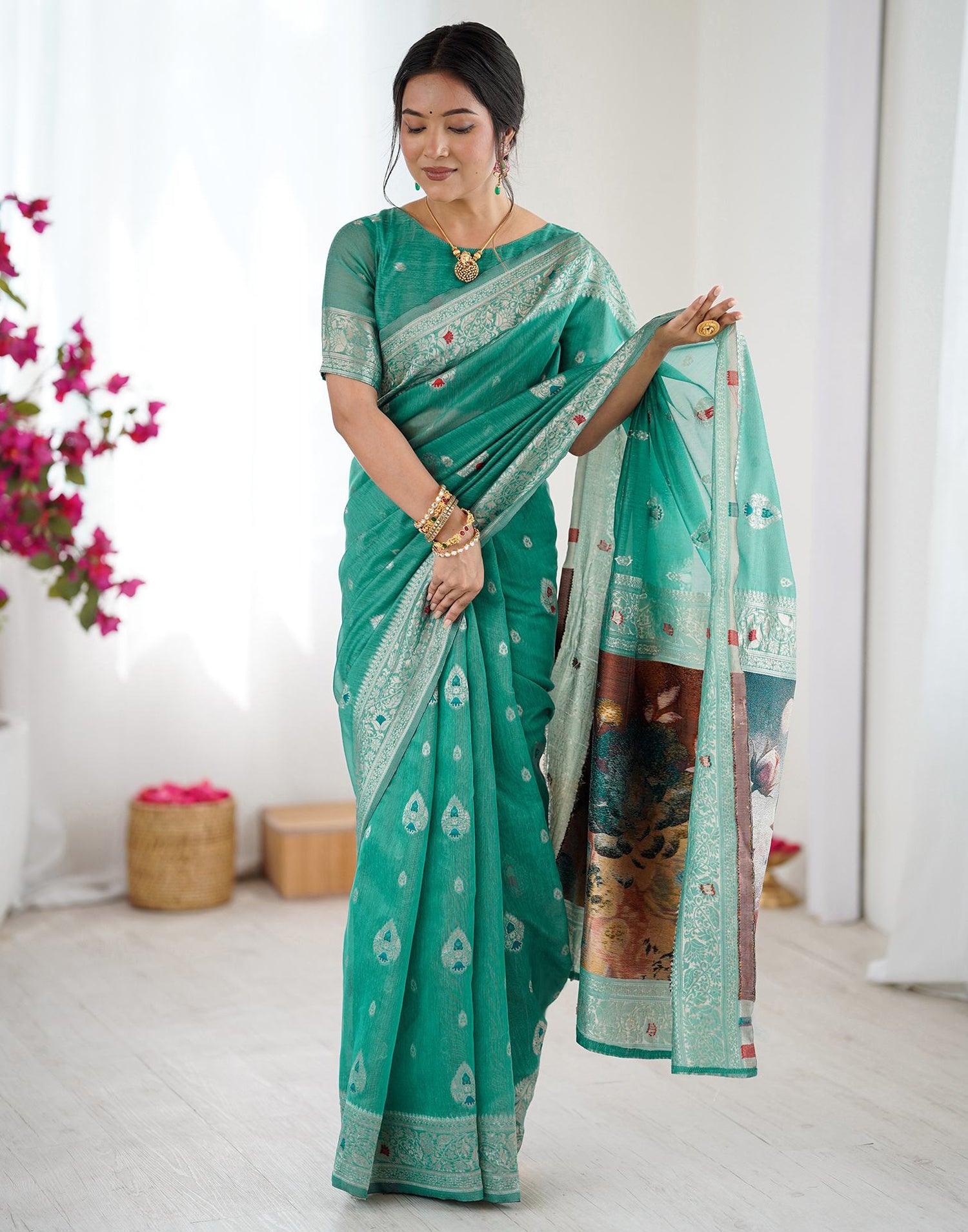 Light Teal Green Chanderi Cotton Woven Saree