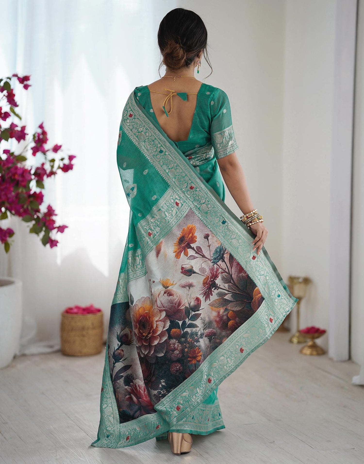 Light Teal Green Chanderi Cotton Woven Saree