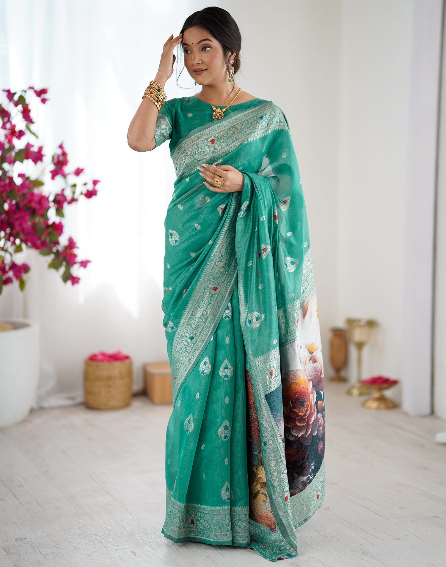 Light Teal Green Chanderi Cotton Woven Saree