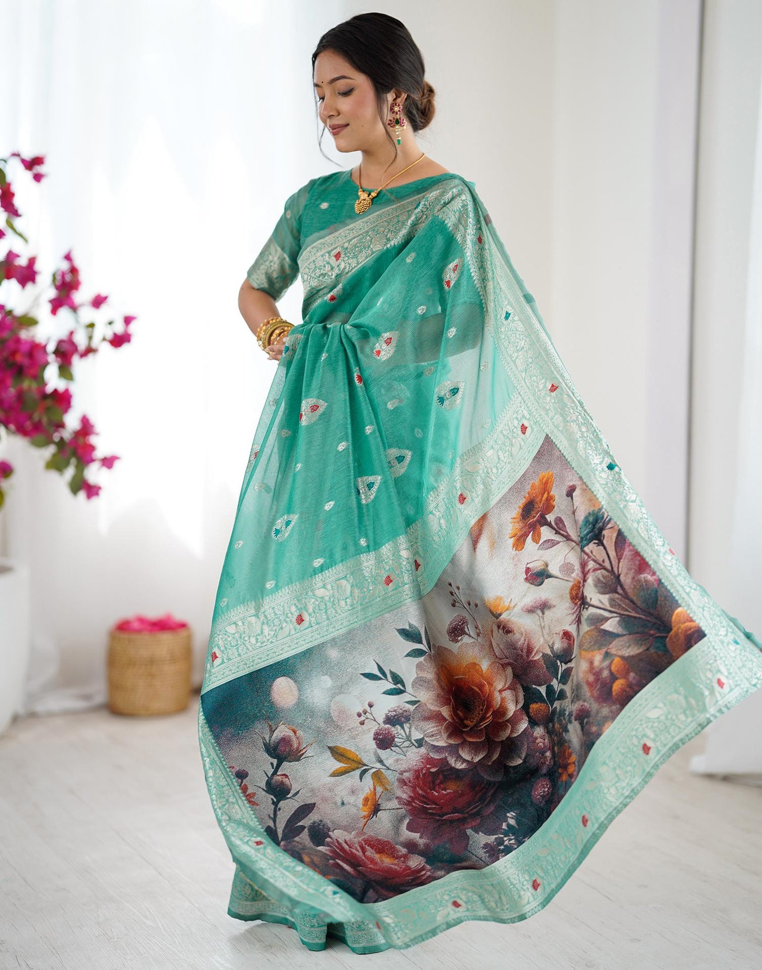 Light Teal Green Chanderi Cotton Woven Saree