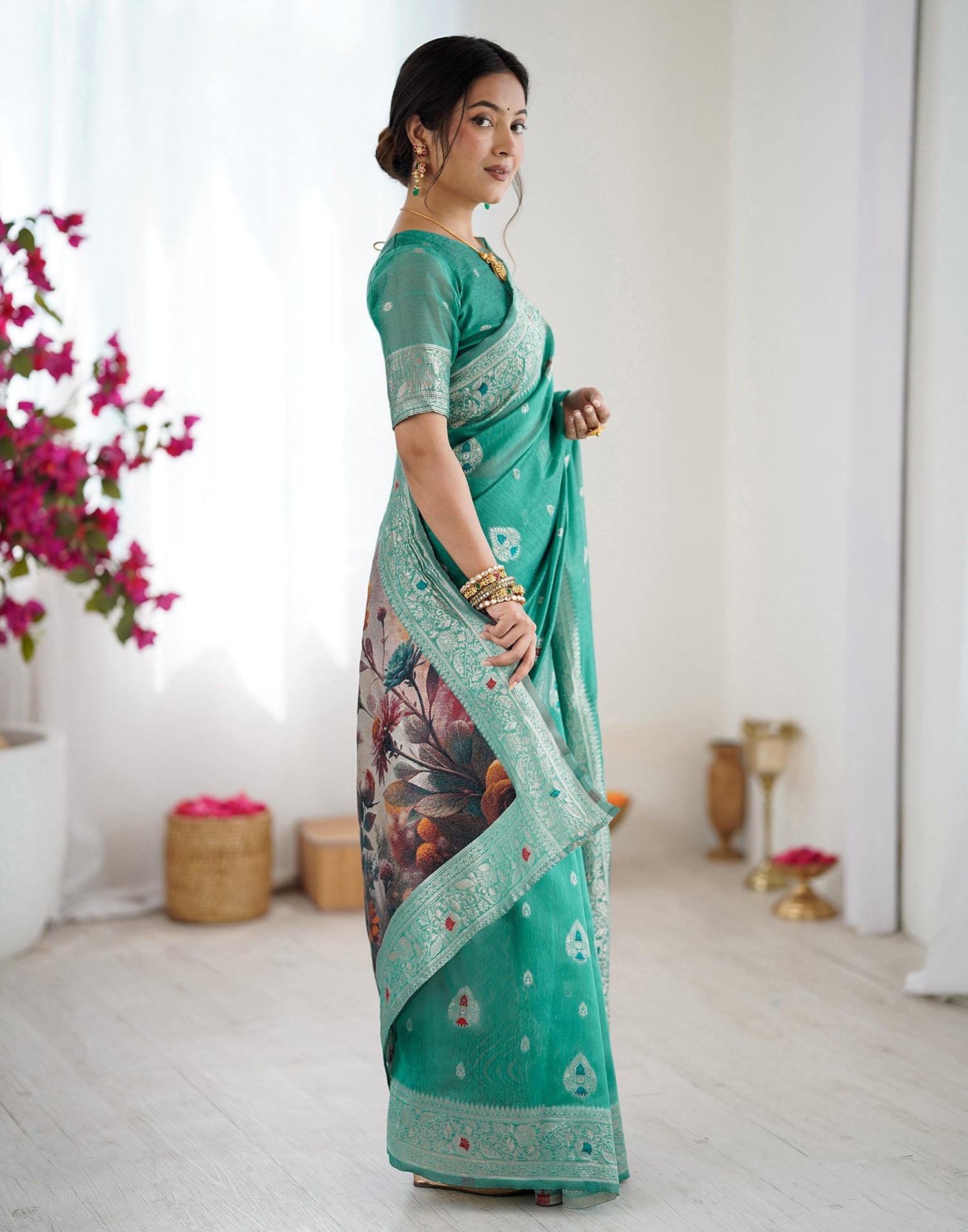 Light Teal Green Chanderi Cotton Woven Saree