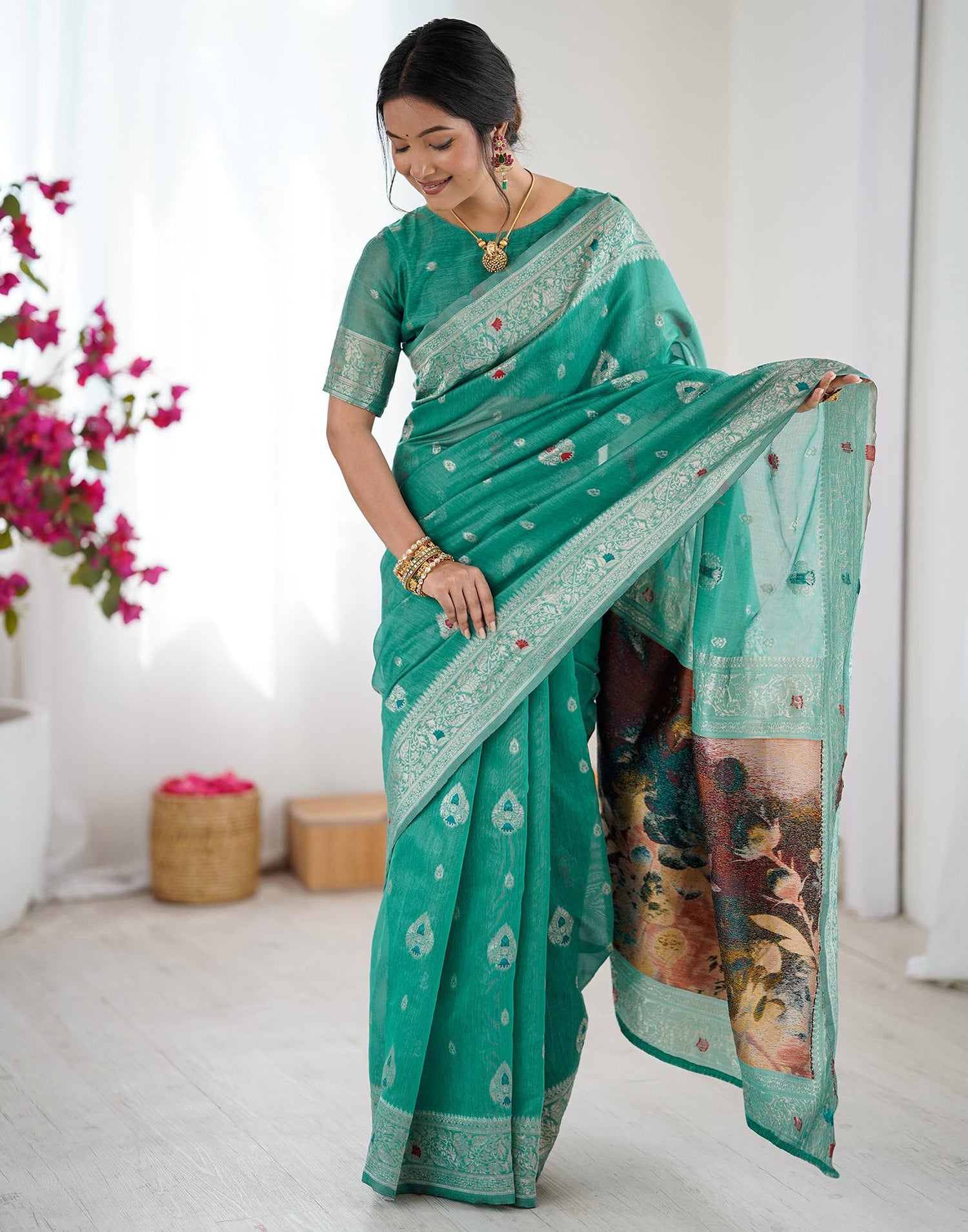 Light Teal Green Chanderi Cotton Woven Saree