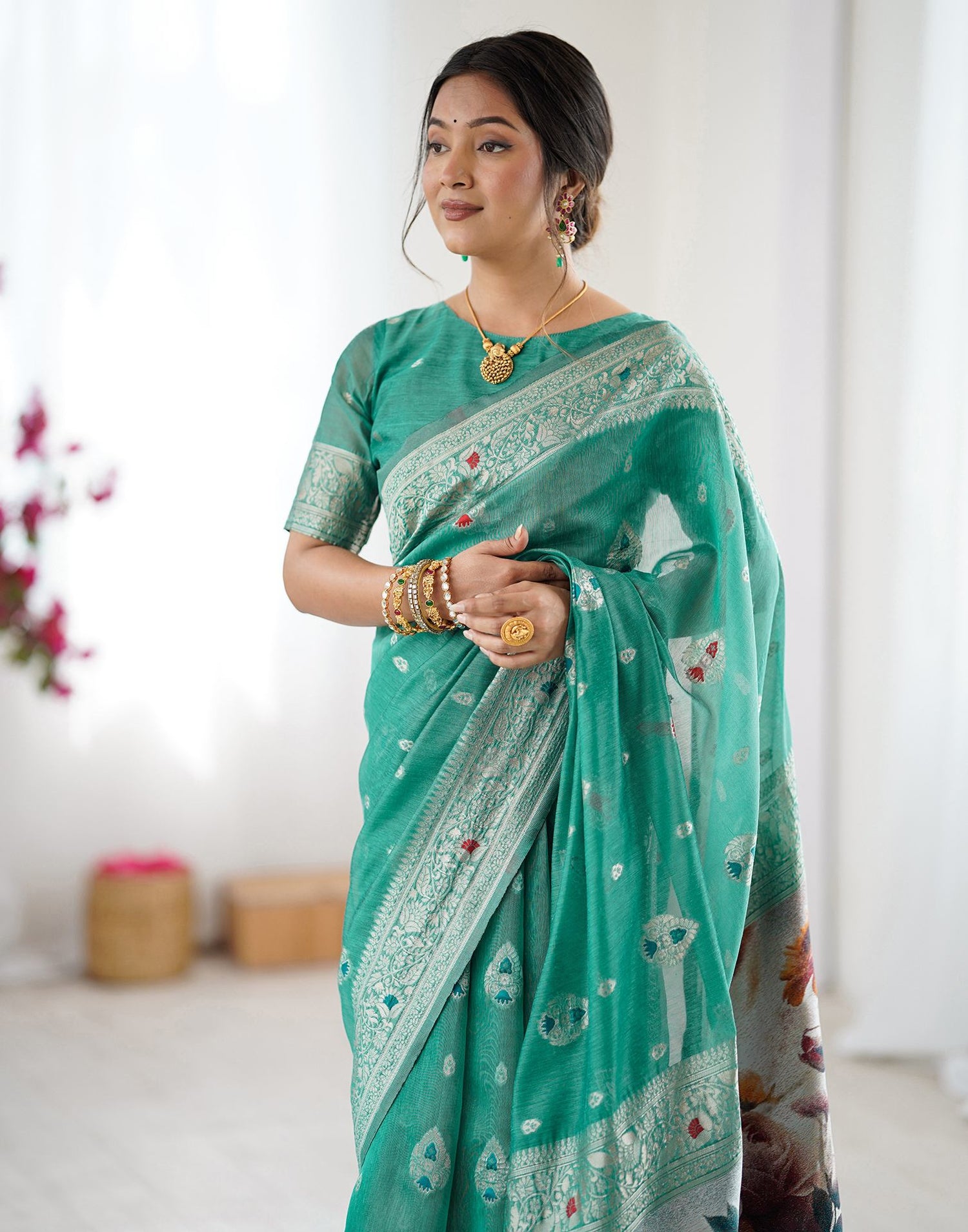 Light Teal Green Chanderi Cotton Woven Saree