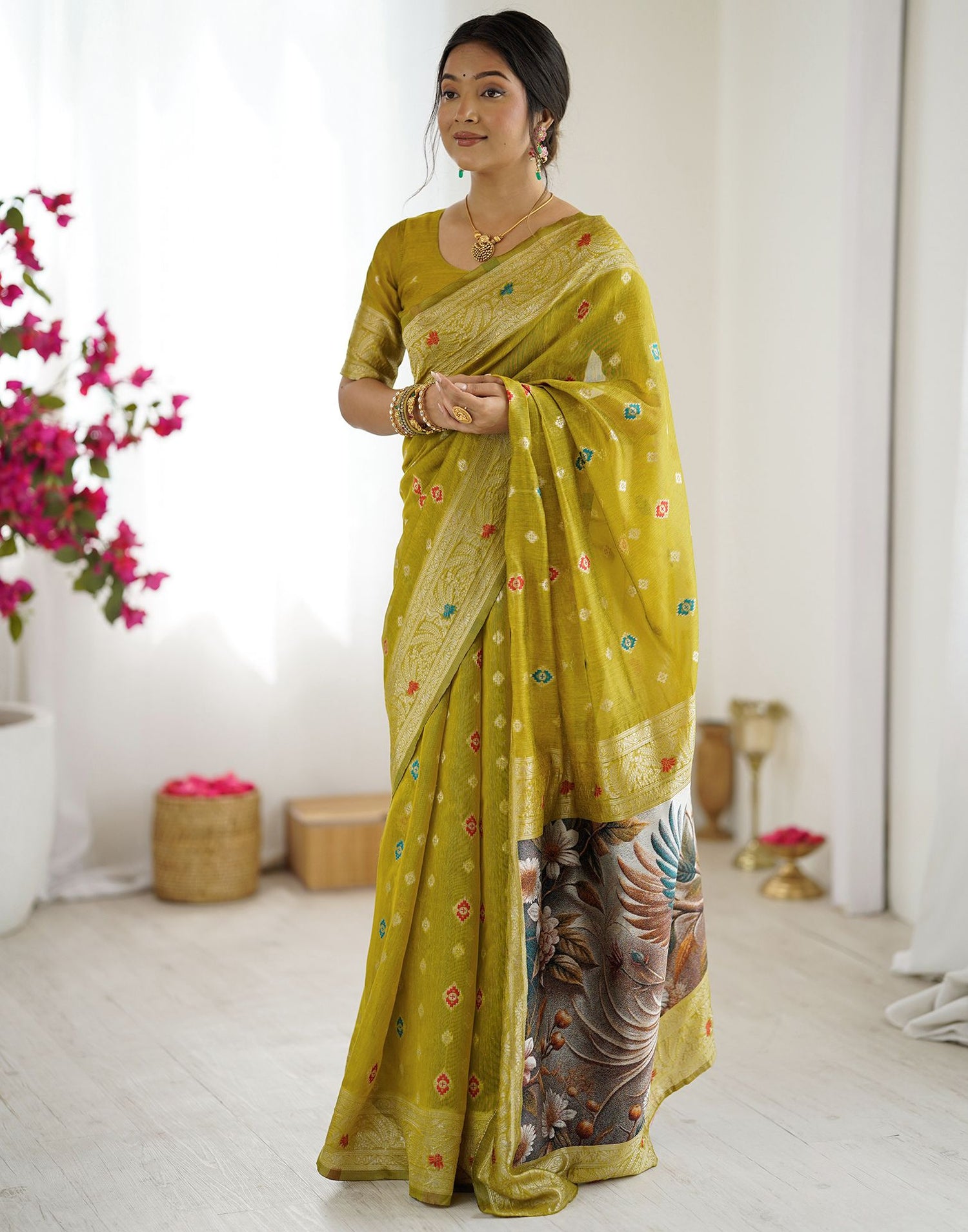 Mehndi Green Chanderi Cotton Woven Saree