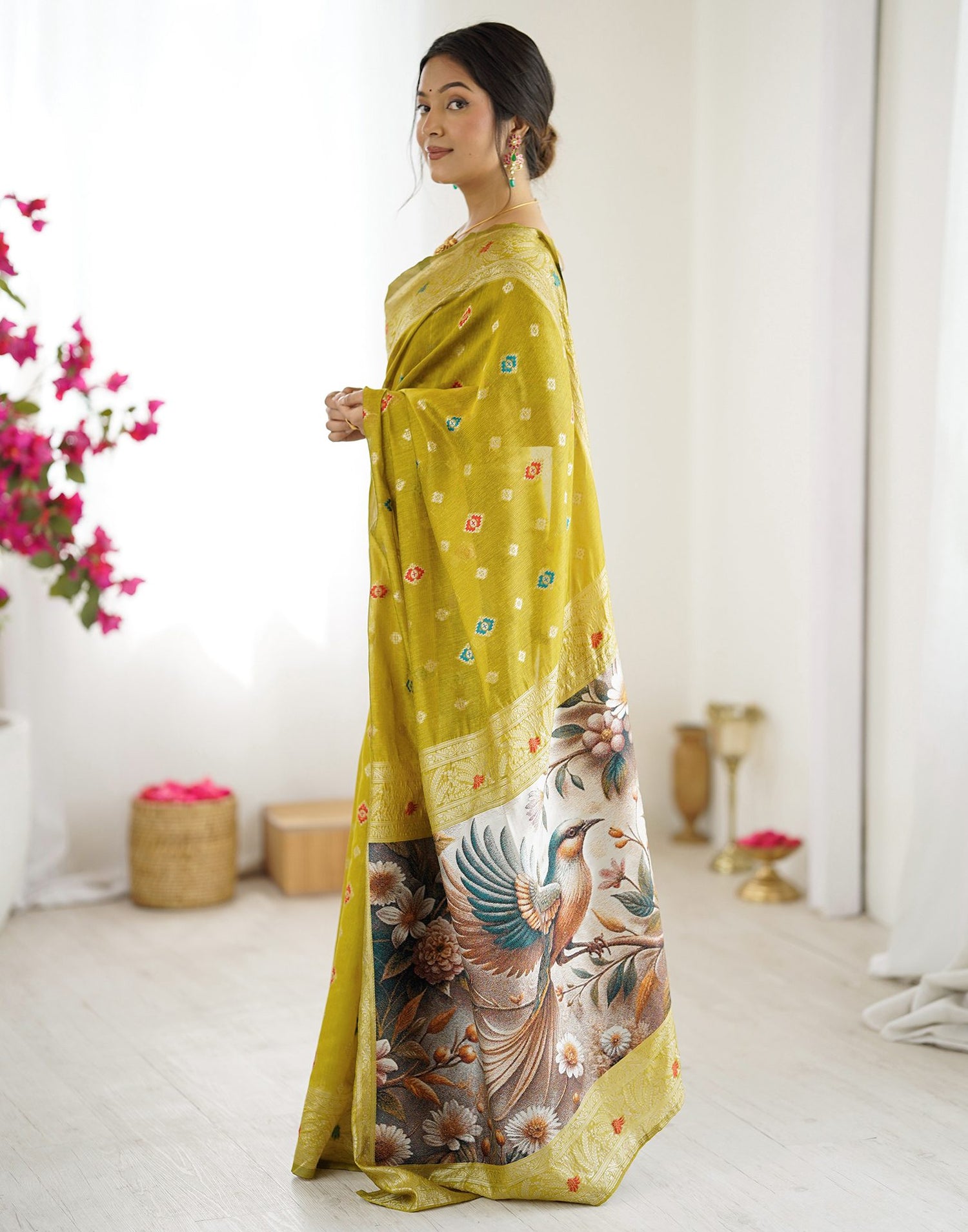 Mehndi Green Chanderi Cotton Woven Saree