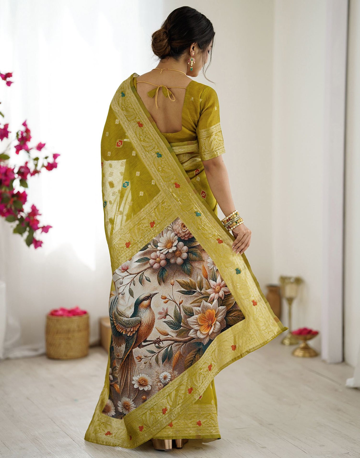 Mehndi Green Chanderi Cotton Woven Saree