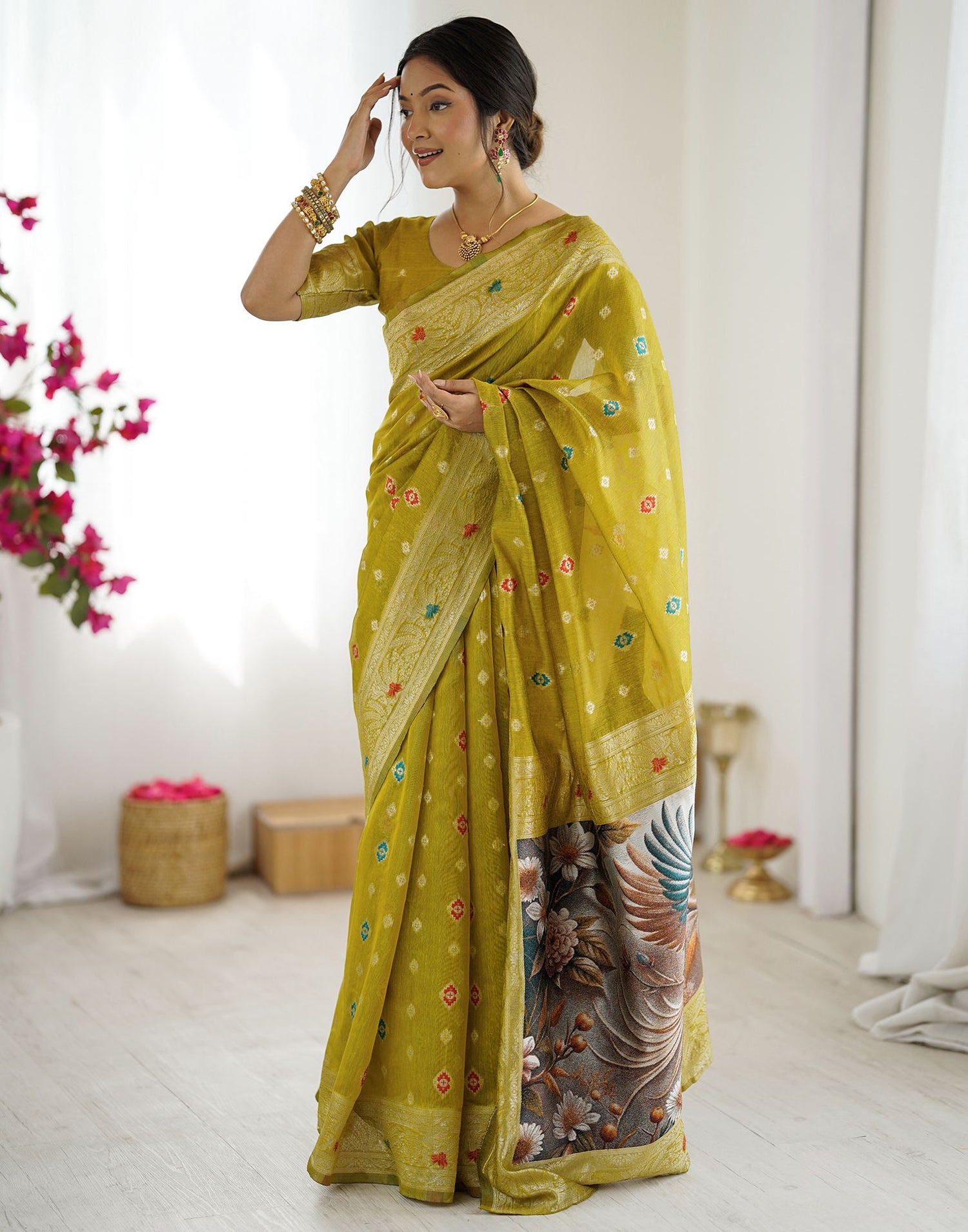Mehndi Green Chanderi Cotton Woven Saree