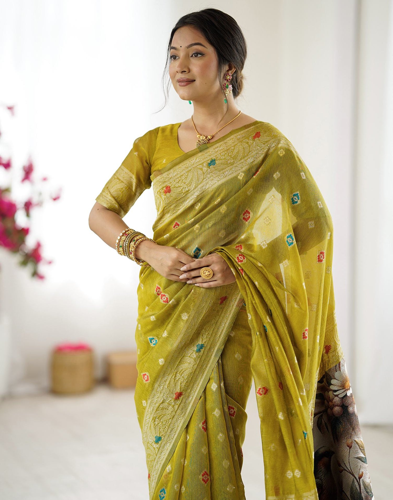 Mehndi Green Chanderi Cotton Woven Saree