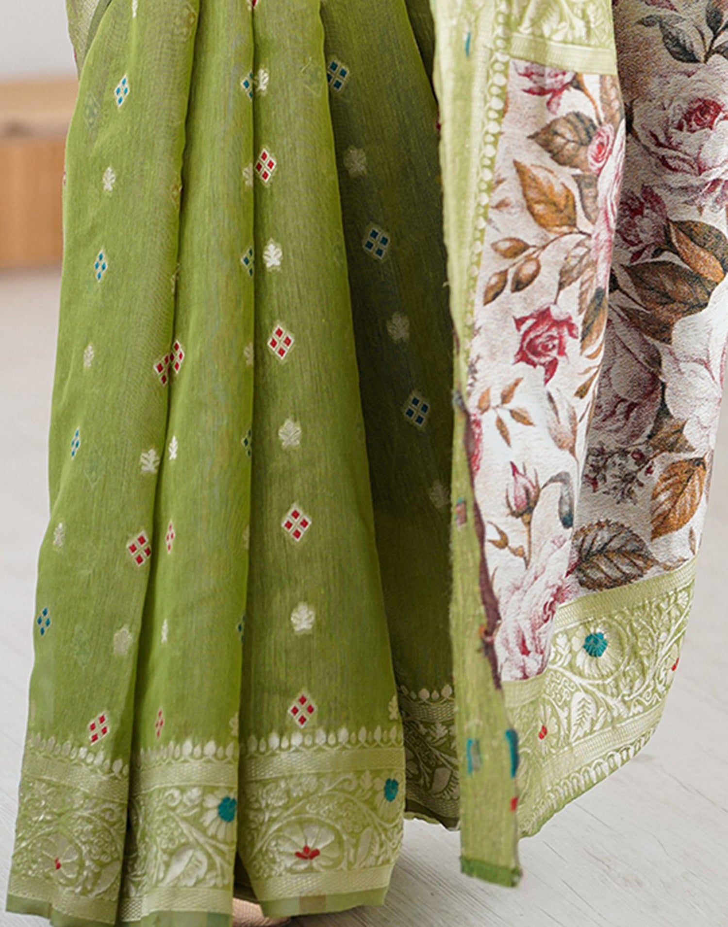 Pista Green Chanderi Cotton Woven Saree