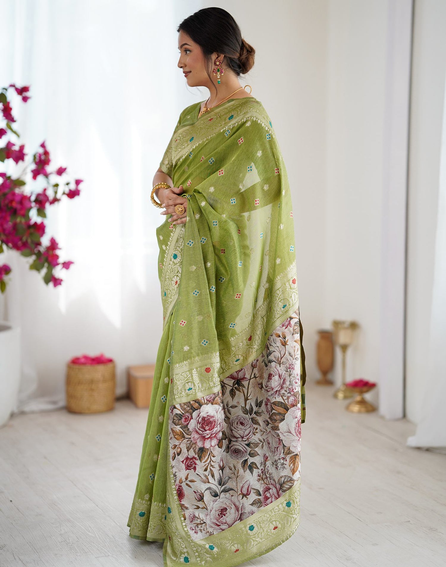 Pista Green Chanderi Cotton Woven Saree