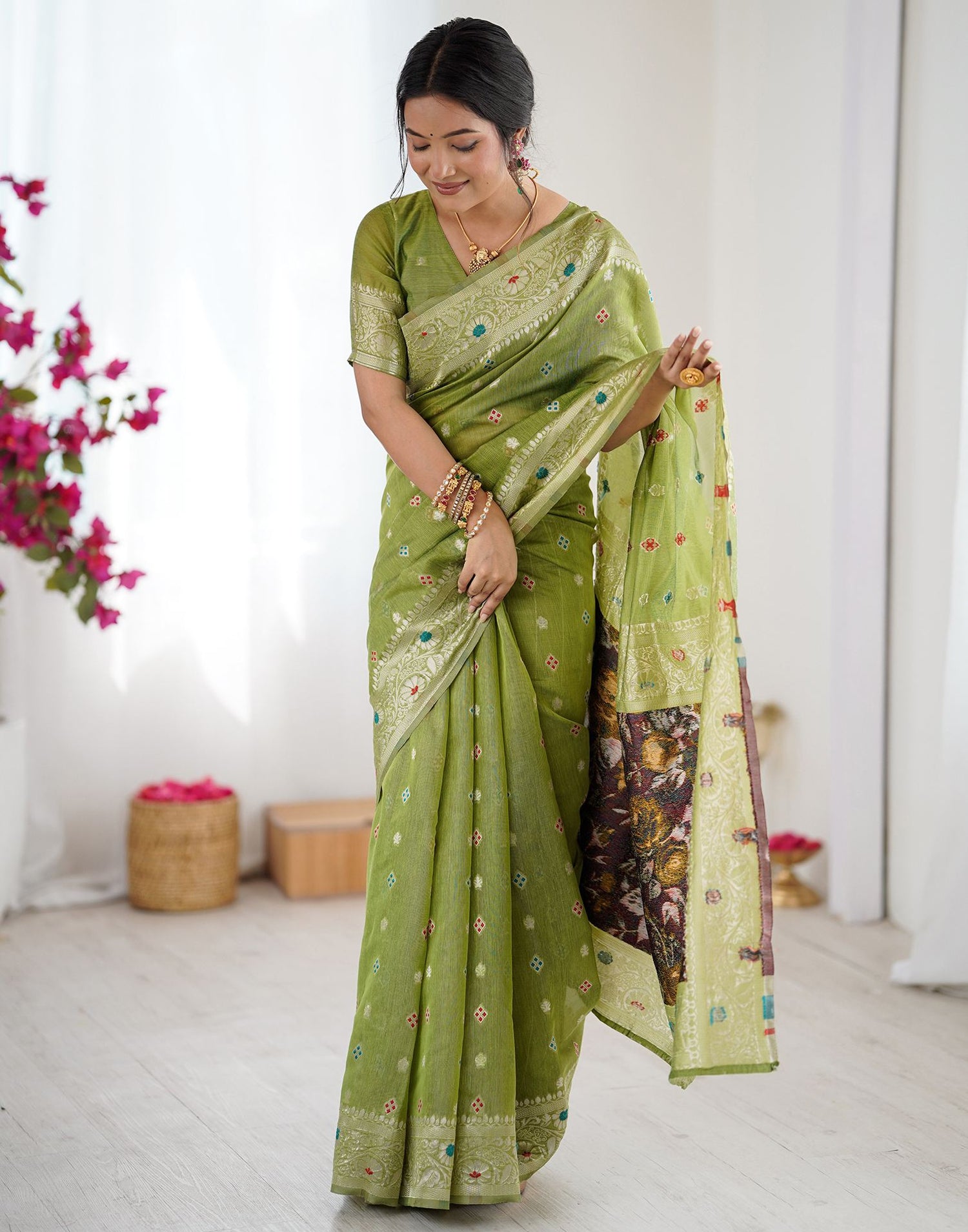 Pista Green Chanderi Cotton Woven Saree