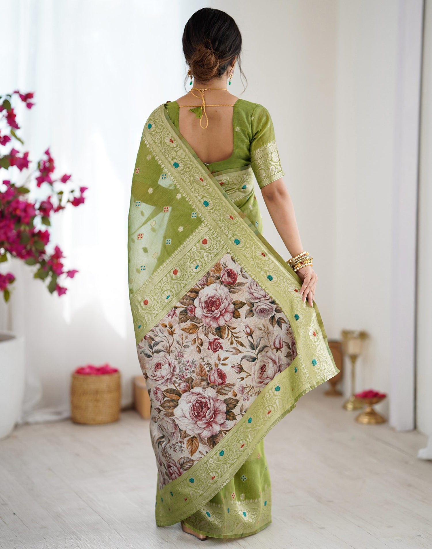 Pista Green Chanderi Cotton Woven Saree