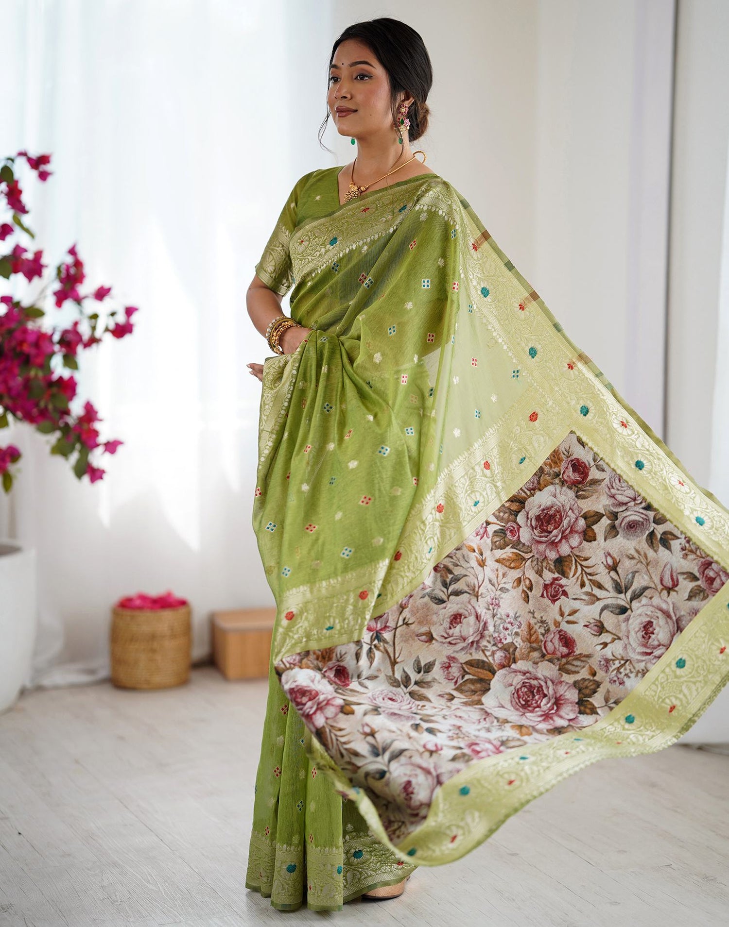 Pista Green Chanderi Cotton Woven Saree