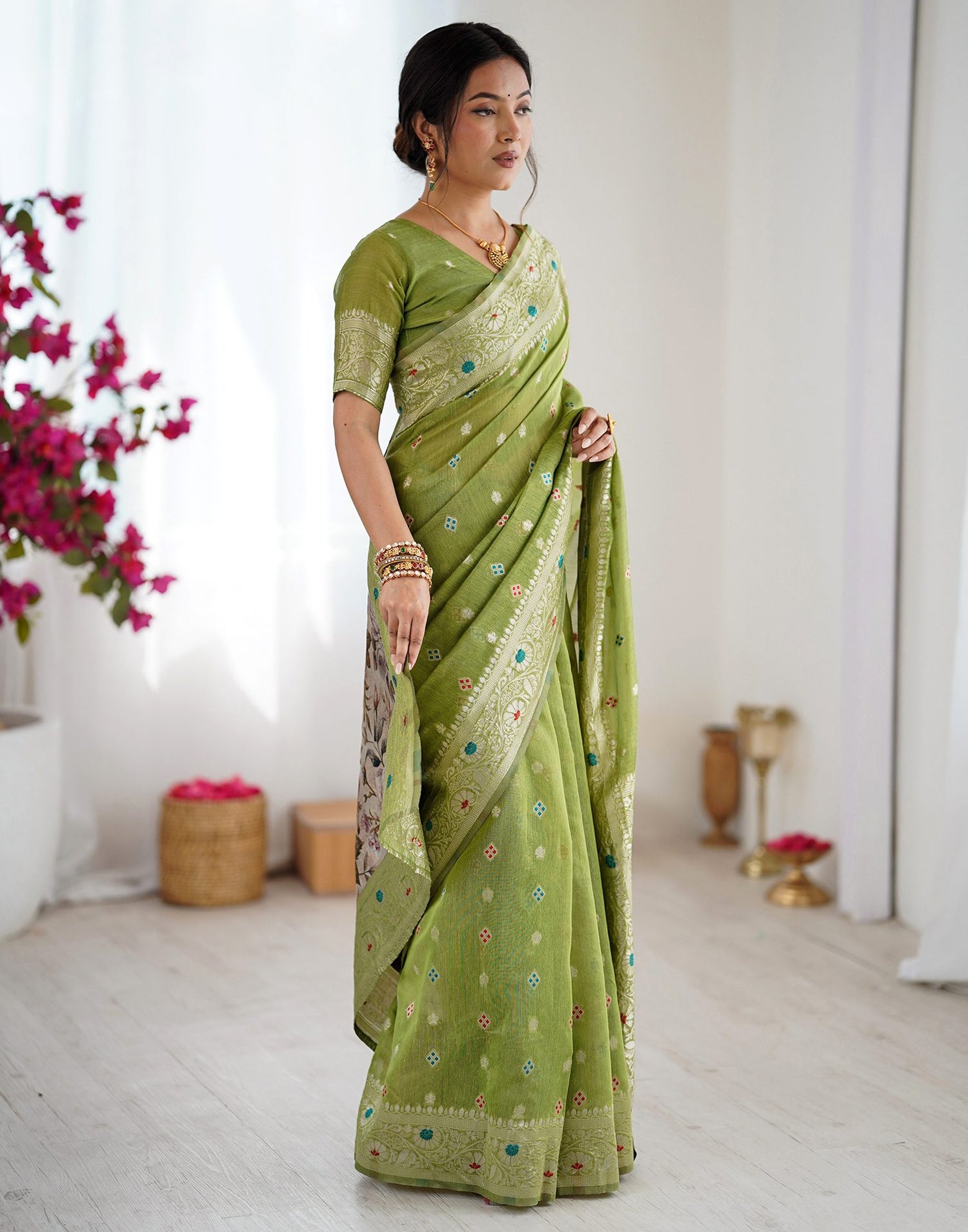 Pista Green Chanderi Cotton Woven Saree