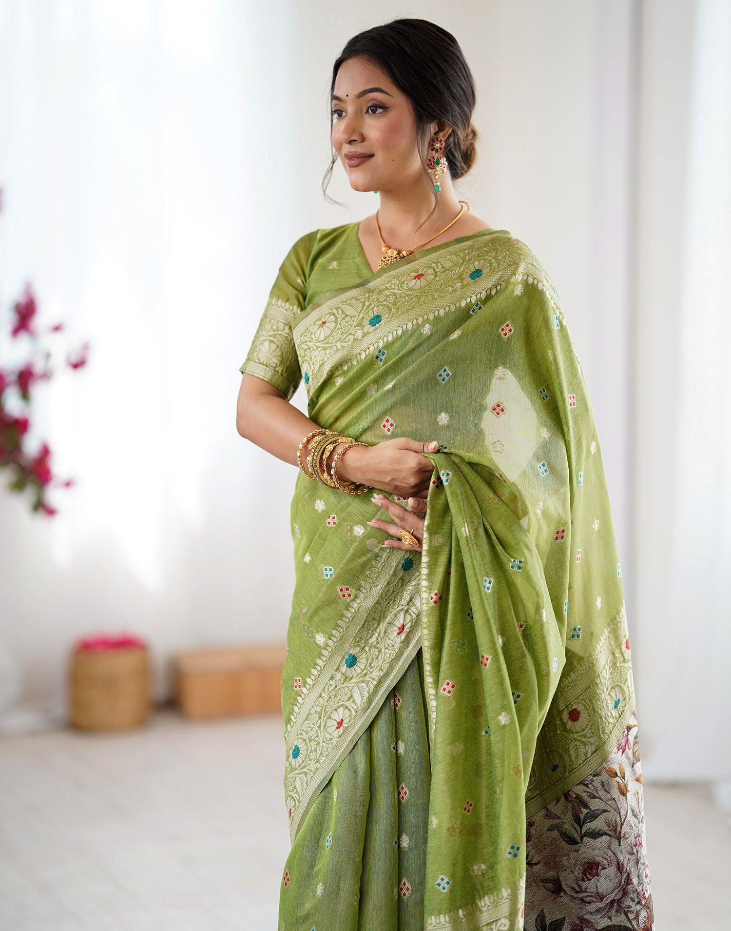 Pista Green Chanderi Cotton Woven Saree