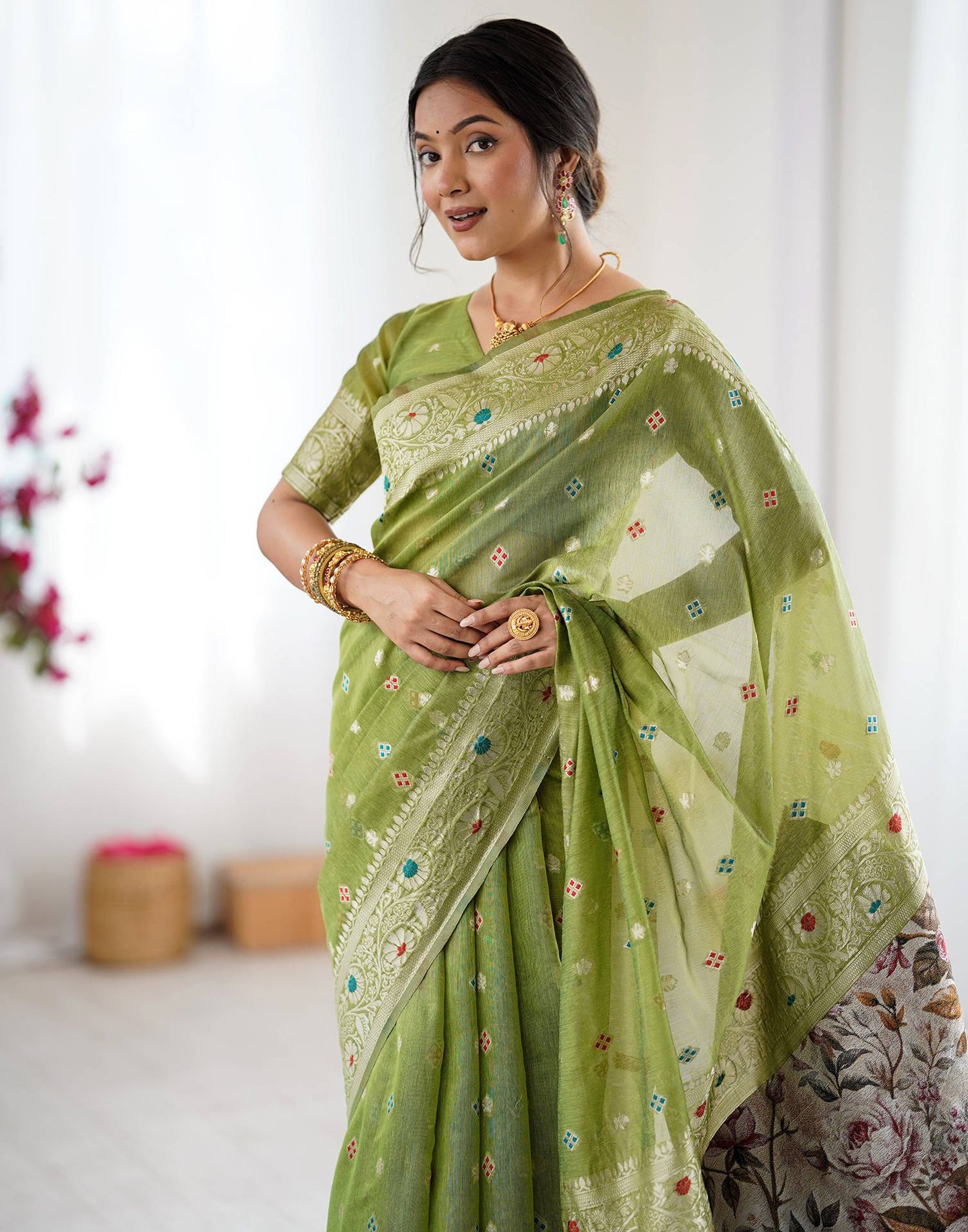 Pista Green Chanderi Cotton Woven Saree