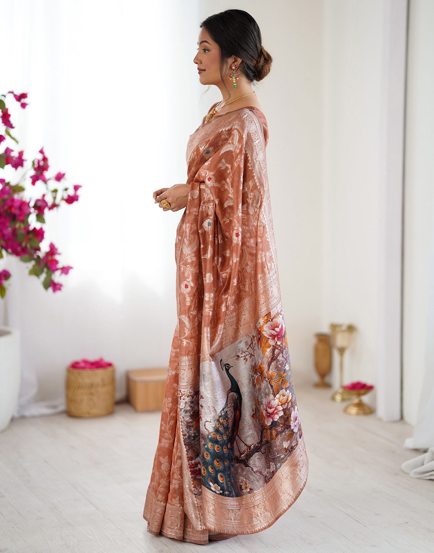 Brown Chanderi Cotton Woven Saree