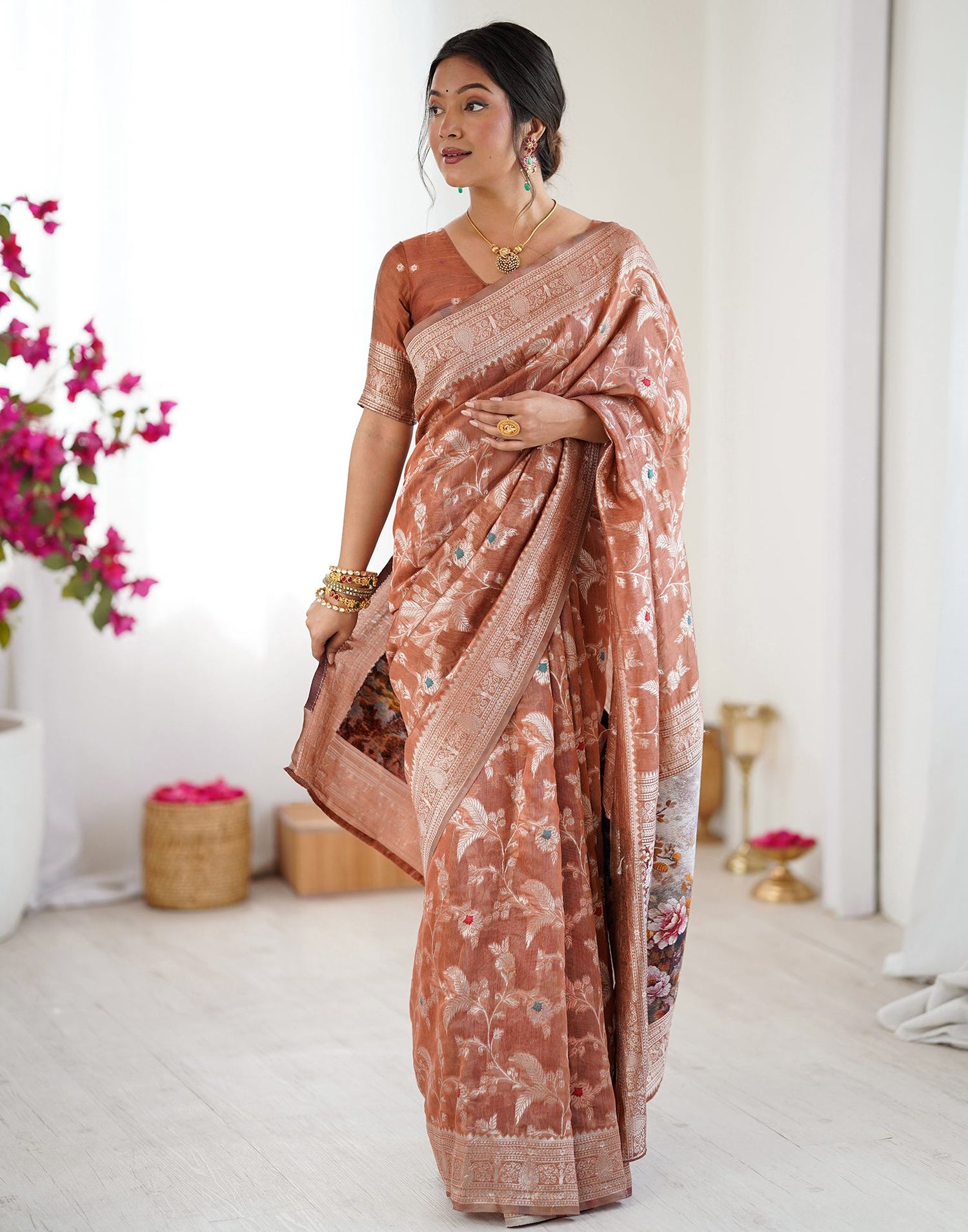 Brown Chanderi Cotton Woven Saree