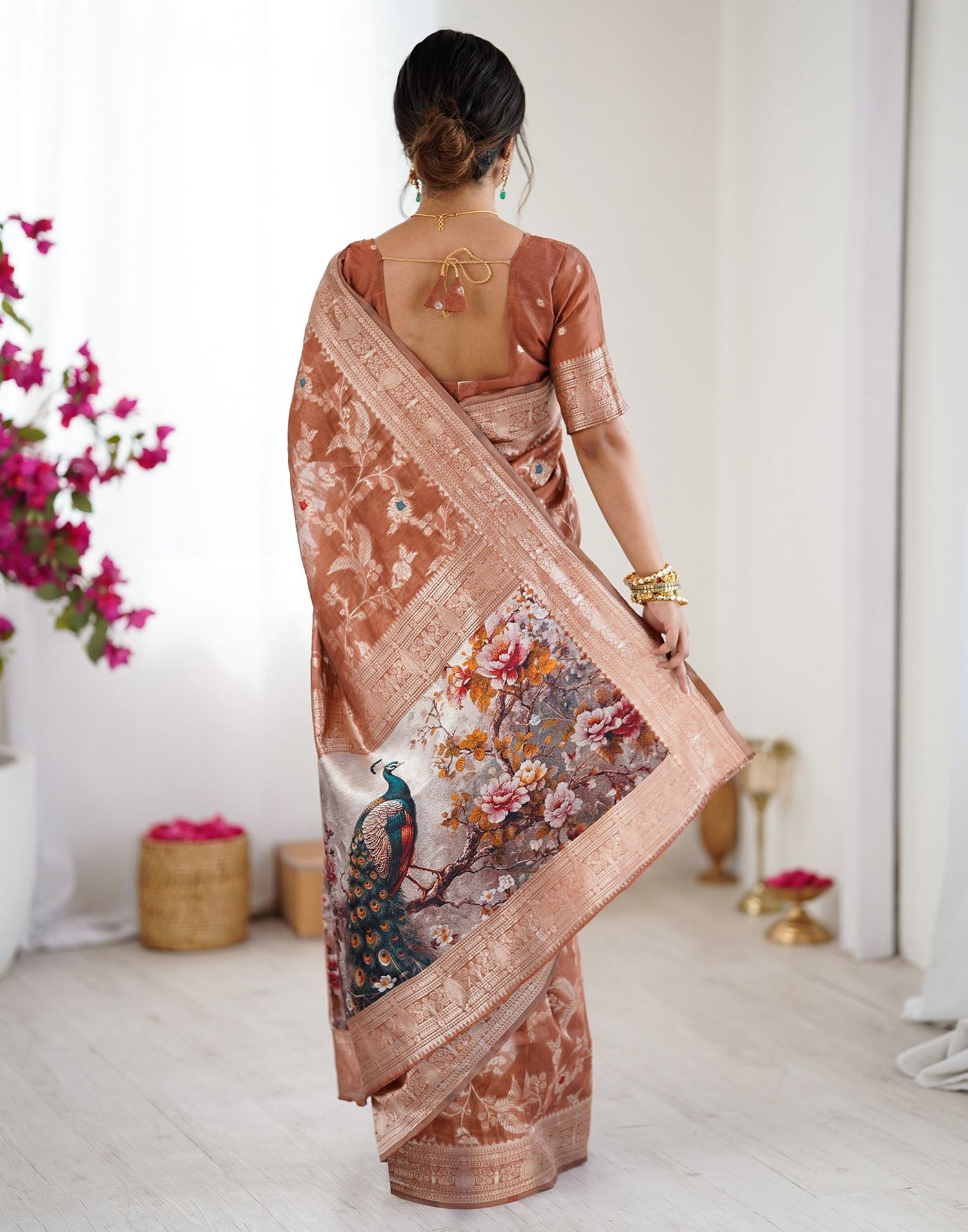 Brown Chanderi Cotton Woven Saree