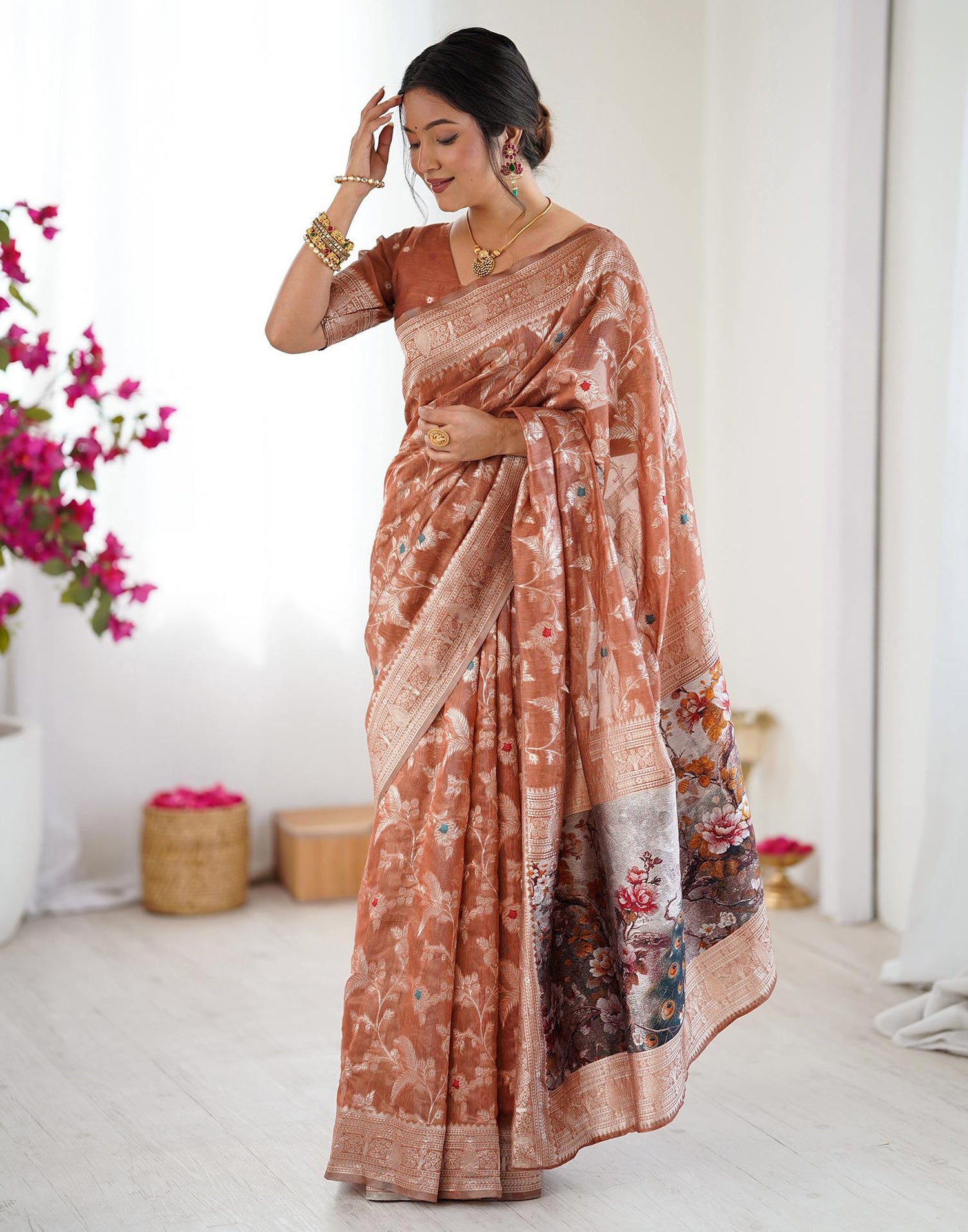 Brown Chanderi Cotton Woven Saree