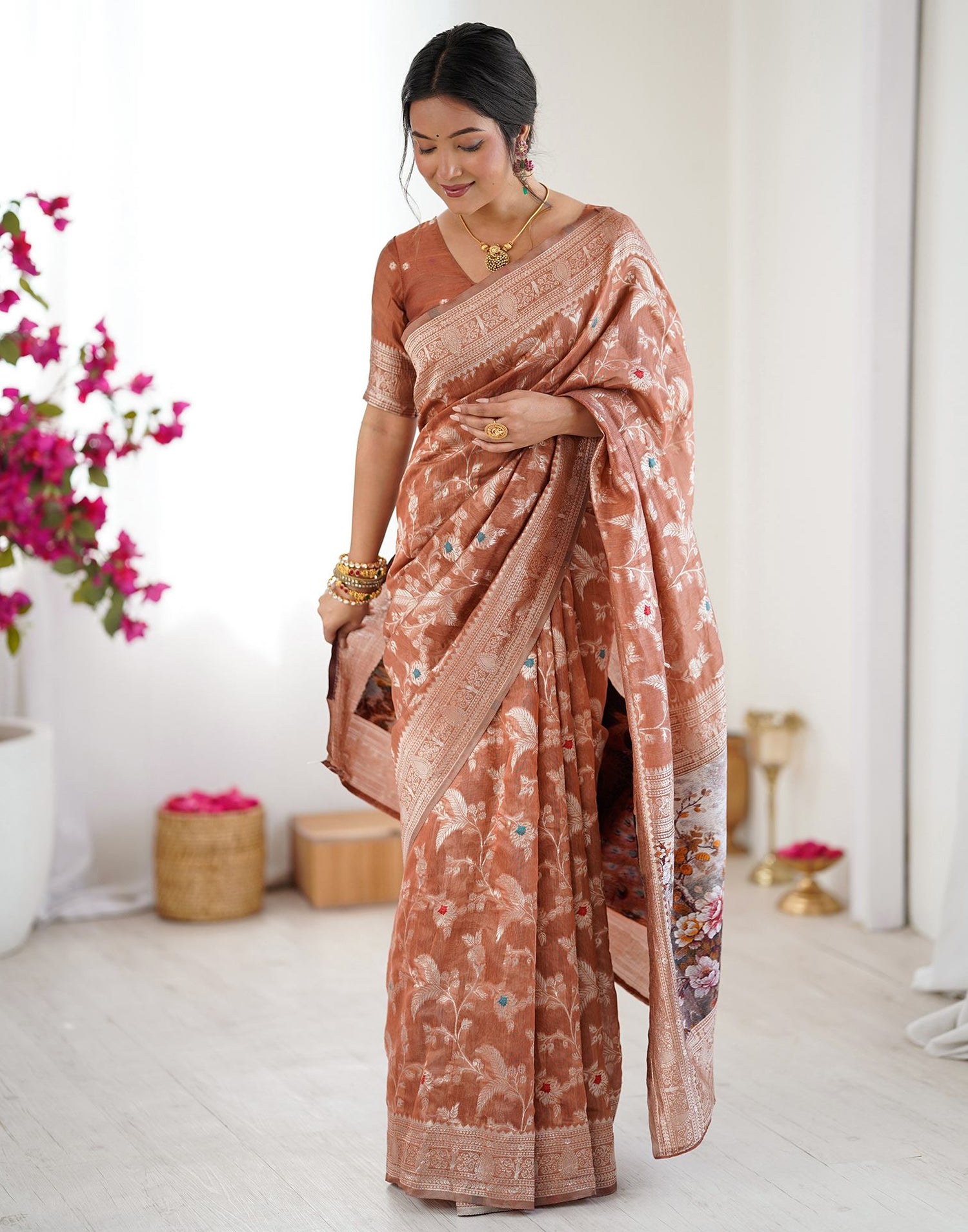 Brown Chanderi Cotton Woven Saree